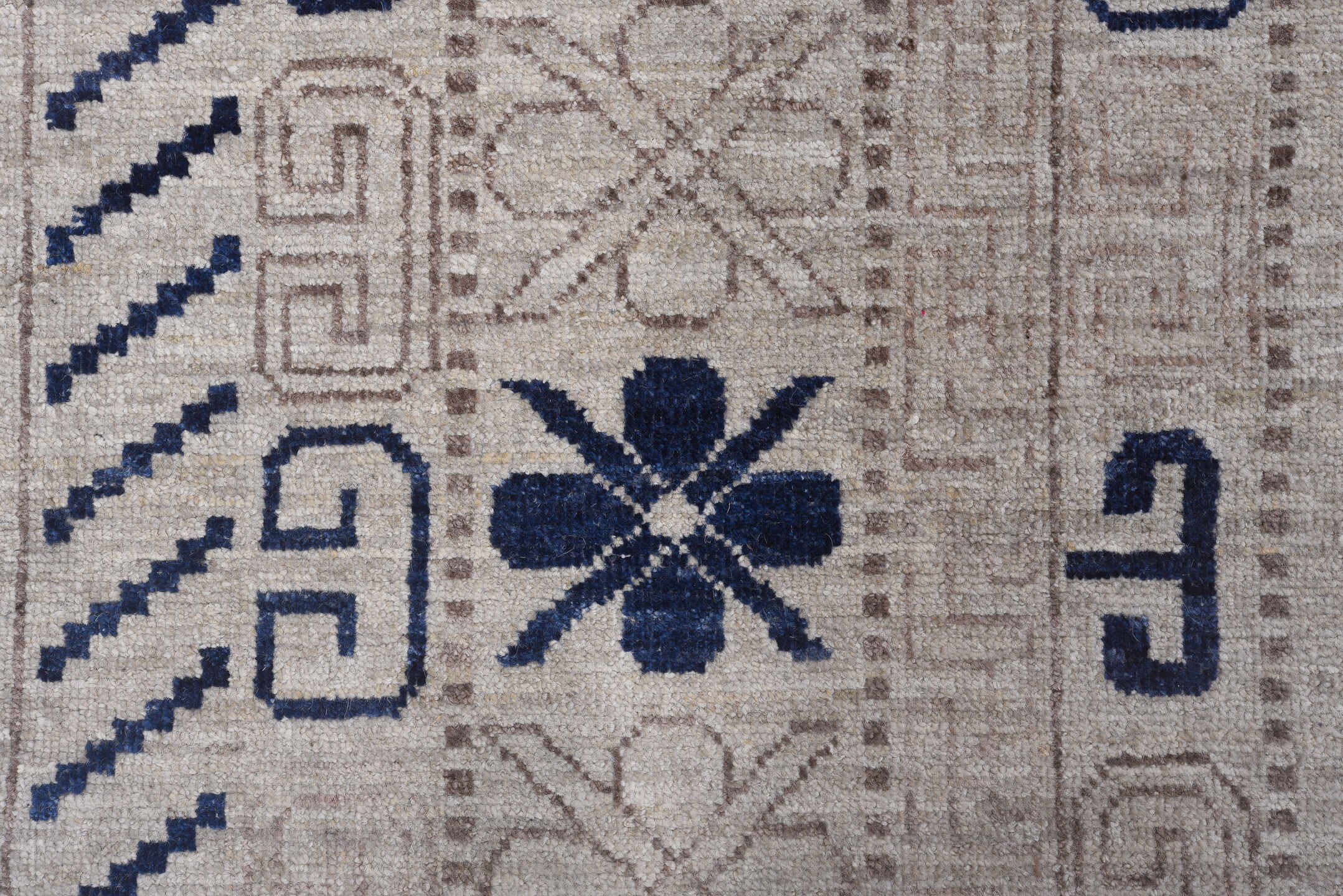 12' x 19' one-of-a-kind handmade vintage Khotan oversize rug. Color palette: ivory, cobalt, taupe, beige, slate, blue, gray