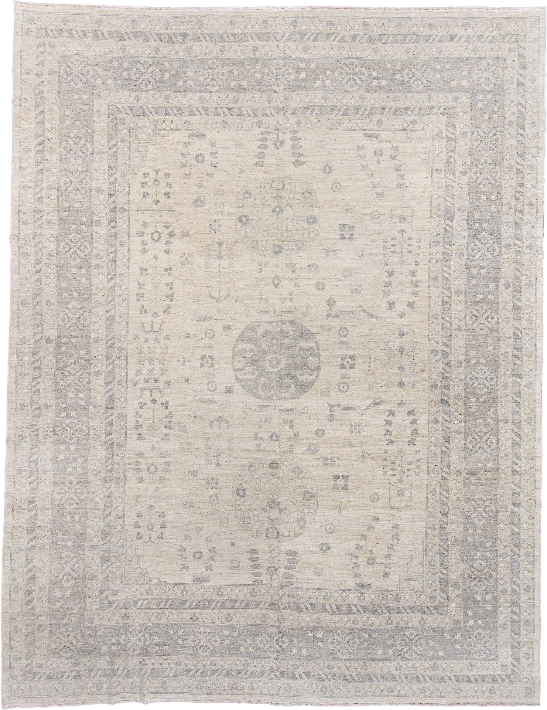 13' x 17' one-of-a-kind handmade vintage Khotan oversize rug. Color palette: ivory, pale gray, taupe, cream, beige