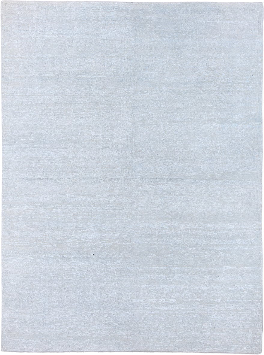 8' x 11' one-of-a-kind handmade vintage Sari Silk large size rug. Color palette: ice blue, silver, pale gray, ivory