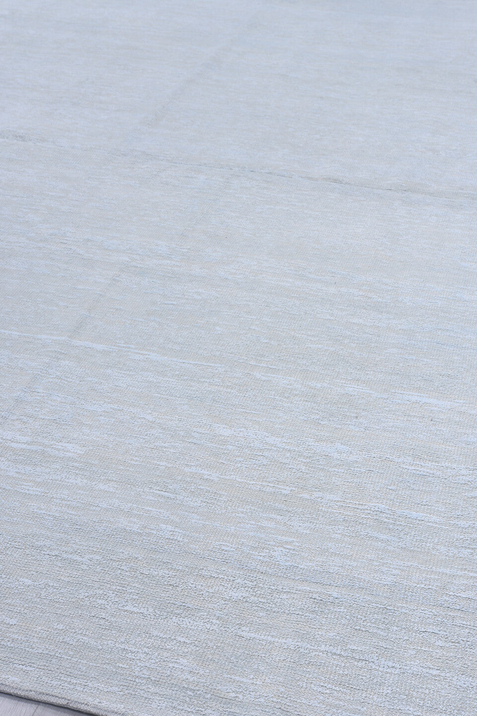 8' x 11' one-of-a-kind handmade vintage Sari Silk large size rug. Color palette: ice blue, silver, pale gray, ivory