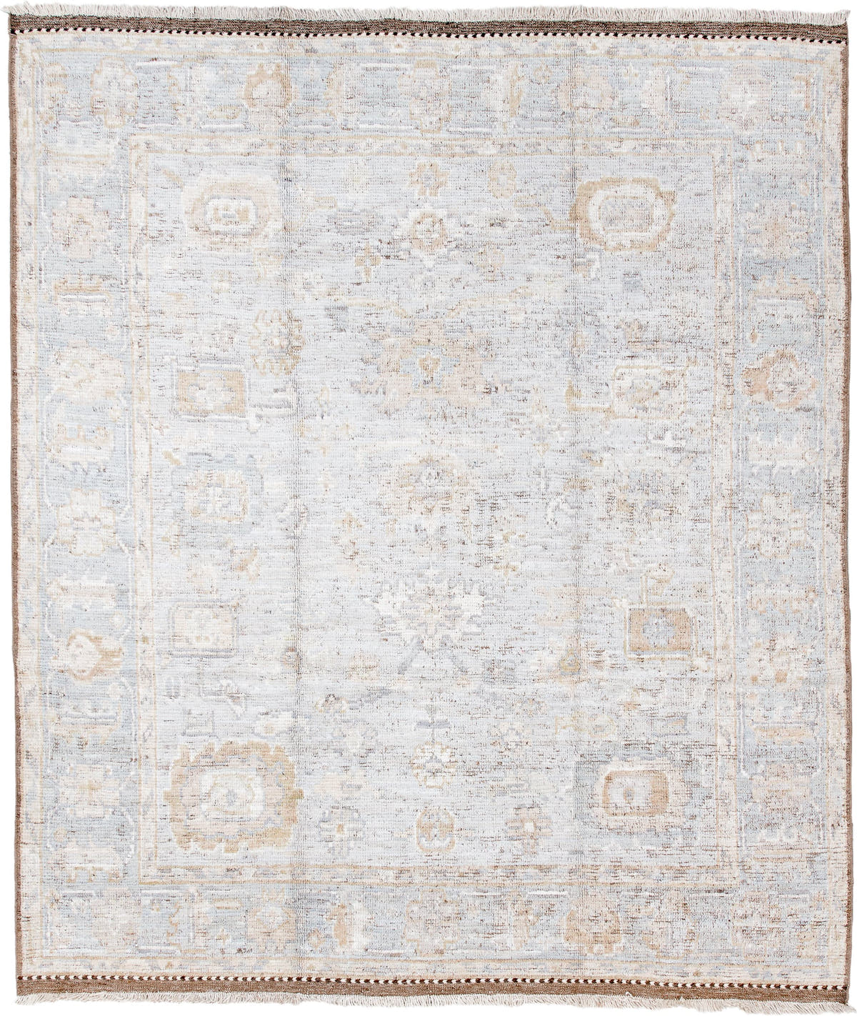 8' x 10' one-of-a-kind handmade vintage Oushak large size rug. Color palette: ivory, pale blue, beige, taupe, camel, brown
