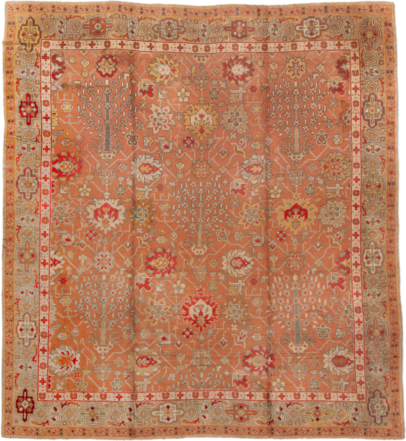 13' x 14' one-of-a-kind handmade antique Oushak oversize rug. Color palette: terra cotta, camel, ivory, sage, rust, gold