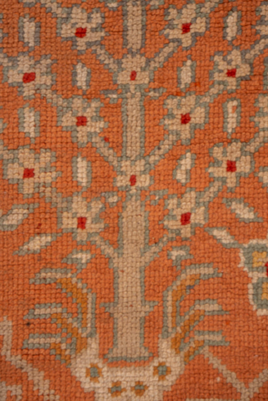 13' x 14' one-of-a-kind handmade antique Oushak oversize rug. Color palette: terra cotta, camel, ivory, sage, rust, gold