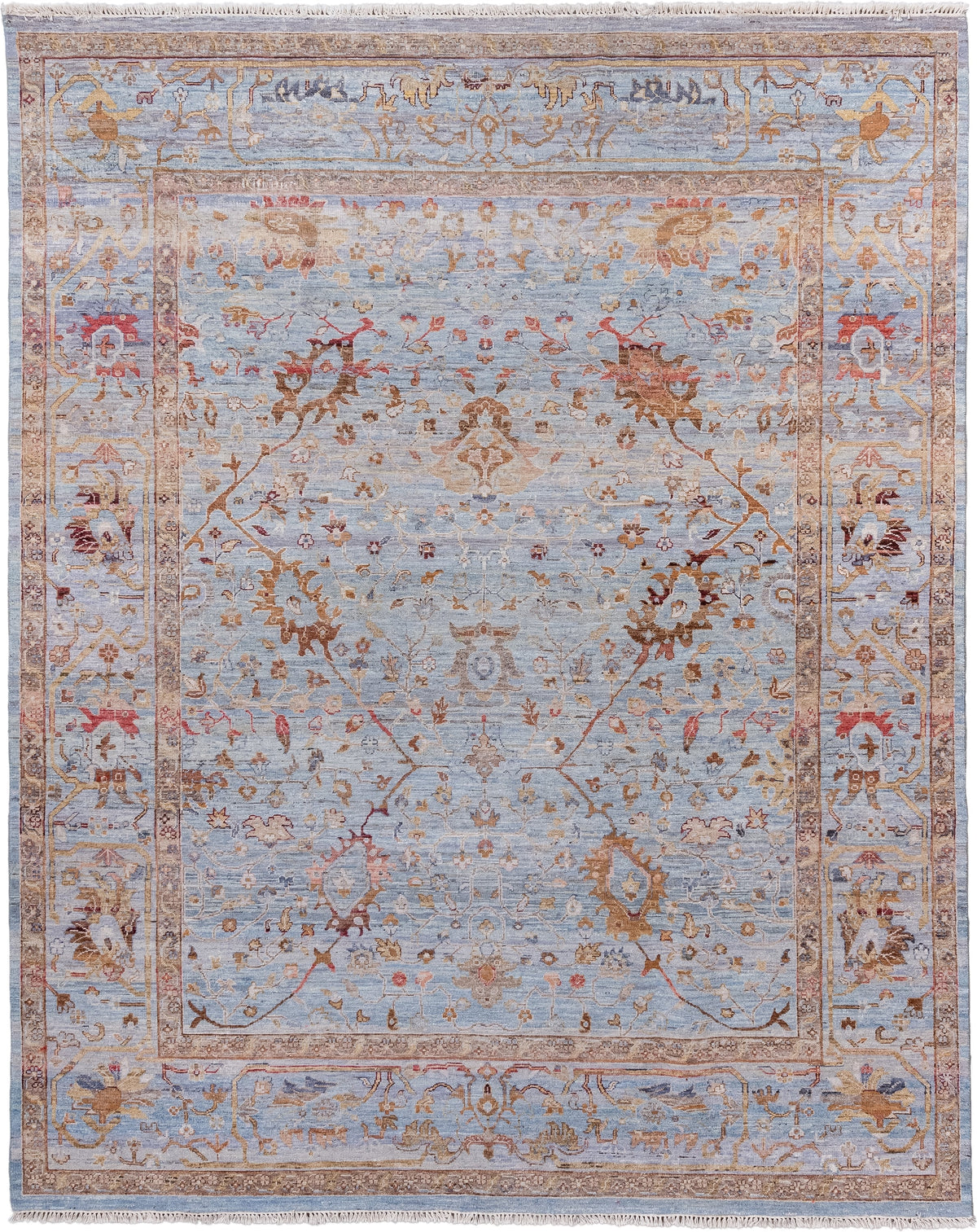 8' x 10' one-of-a-kind handmade vintage Mahal large size rug. Color palette: blue gray, ivory, taupe, terracotta, gold, rust