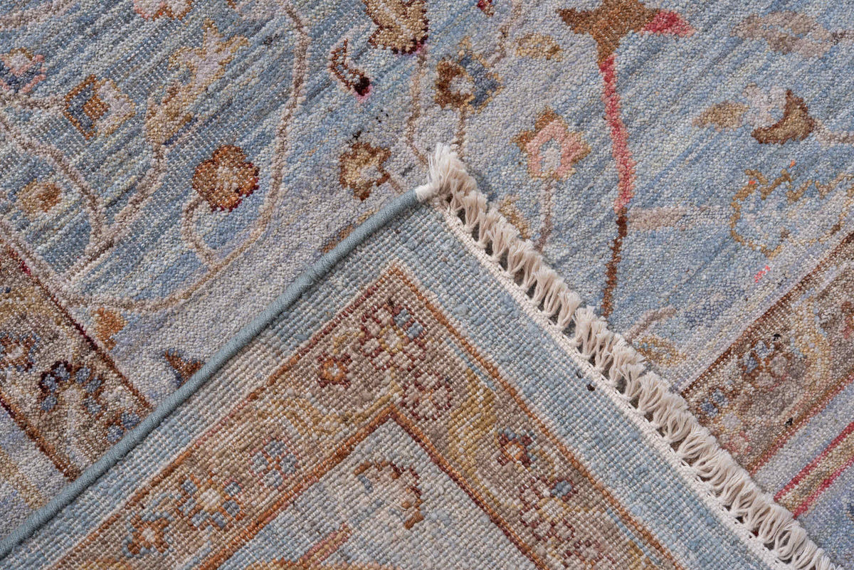 8' x 10' one-of-a-kind handmade vintage Mahal large size rug. Color palette: blue gray, ivory, taupe, terracotta, gold, rust