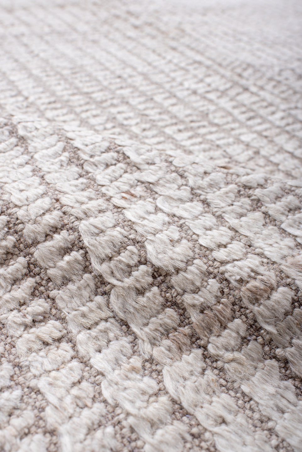 8' x 9' one-of-a-kind handmade vintage Tulu rug. Color palette: ivory, cream, taupe, beige, gray