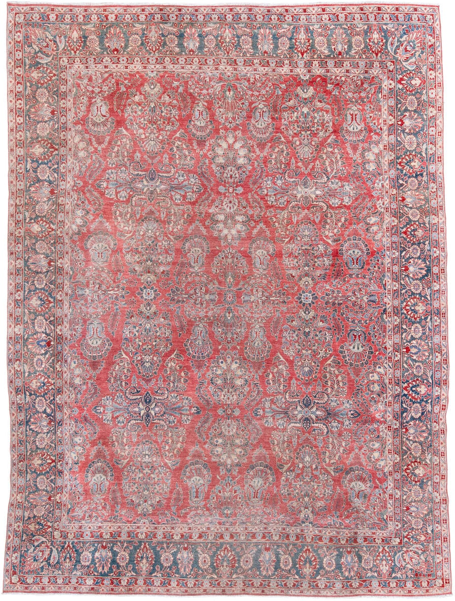 13' x 10' one-of-a-kind handmade vintage rug. Color palette: coral, blue, ivory, rose, slate, crimson, terracotta, pink