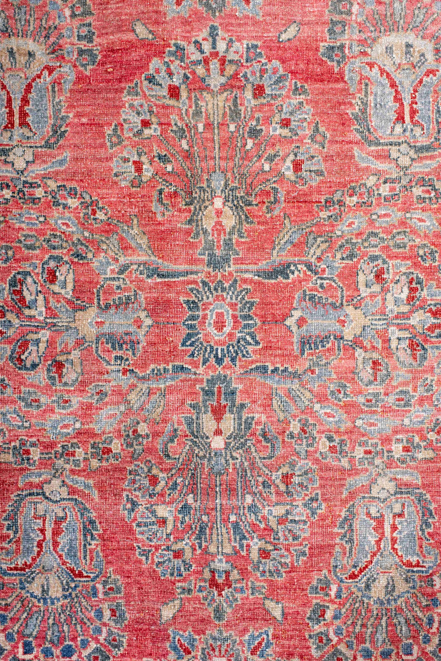 13' x 10' one-of-a-kind handmade vintage rug. Color palette: coral, blue, ivory, rose, slate, crimson, terracotta, pink
