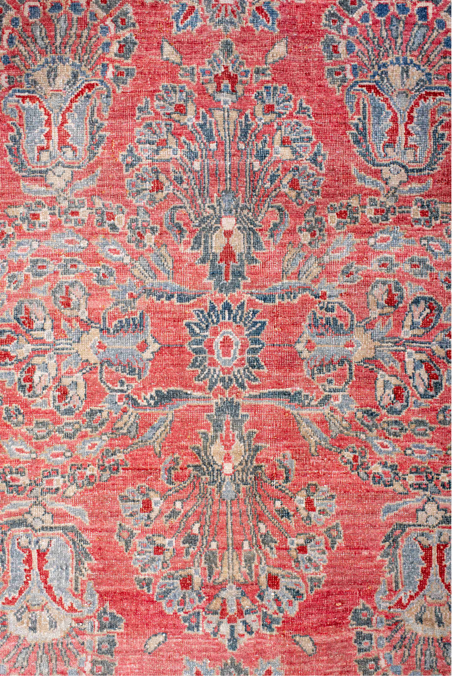 13' x 10' one-of-a-kind handmade vintage rug. Color palette: coral, blue, ivory, rose, slate, crimson, terracotta, pink