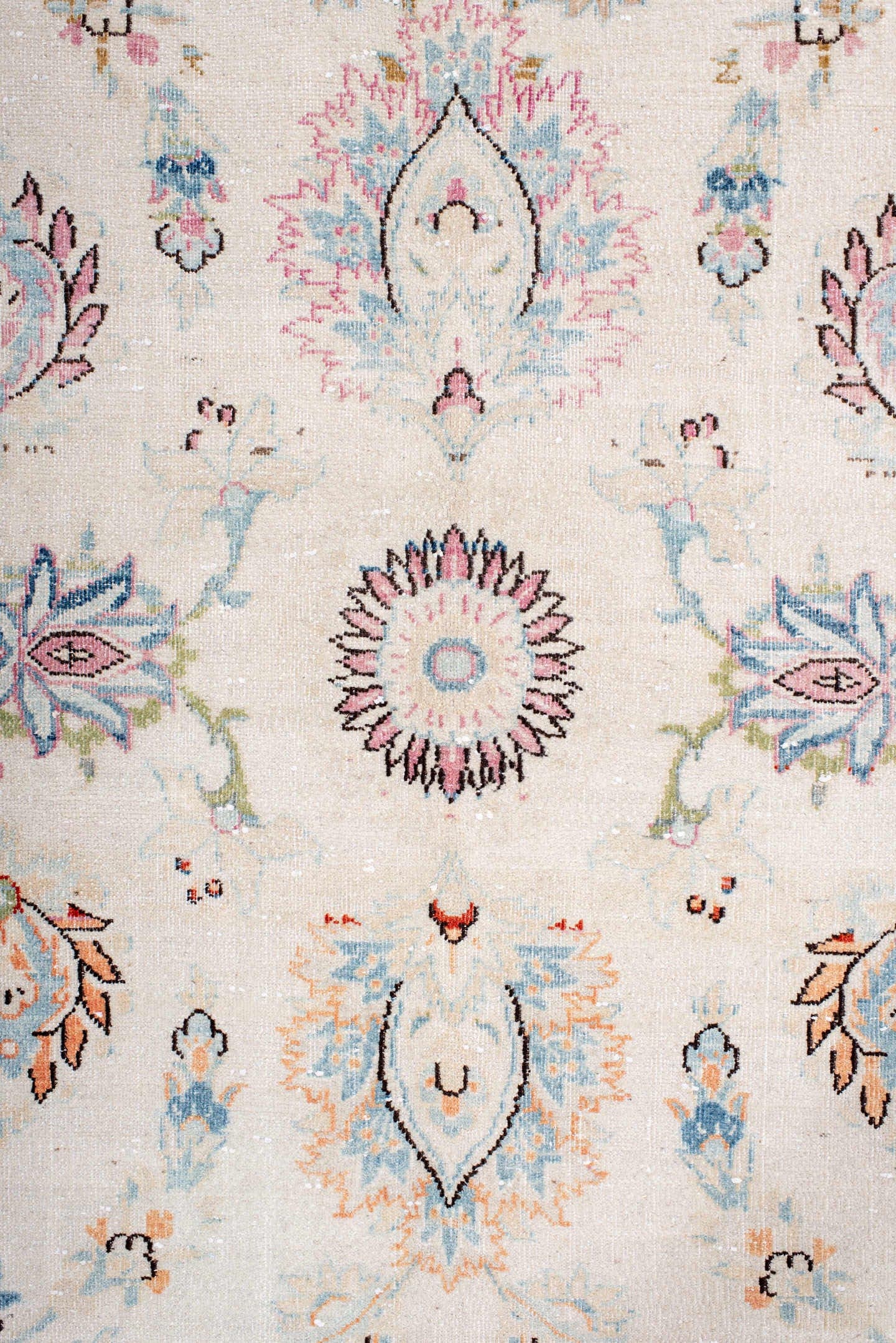 8' x 11' one-of-a-kind handmade vintage large size rug. Color palette: ivory, sky blue, taupe, blush, rust, sage, brown
