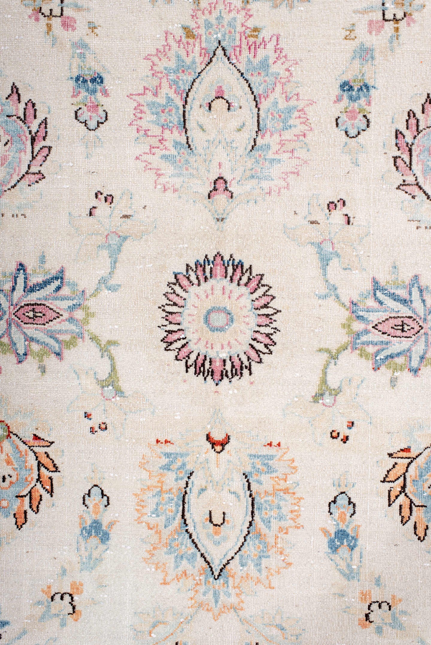 8' x 11' one-of-a-kind handmade vintage large size rug. Color palette: ivory, sky blue, taupe, blush, rust, sage, brown