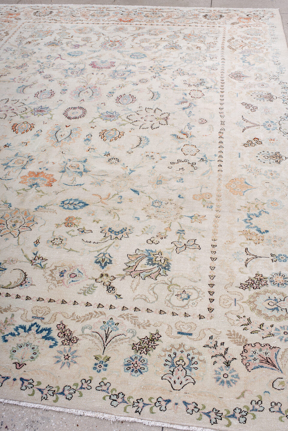 8' x 11' one-of-a-kind handmade vintage large size rug. Color palette: ivory, sky blue, taupe, blush, rust, sage, brown