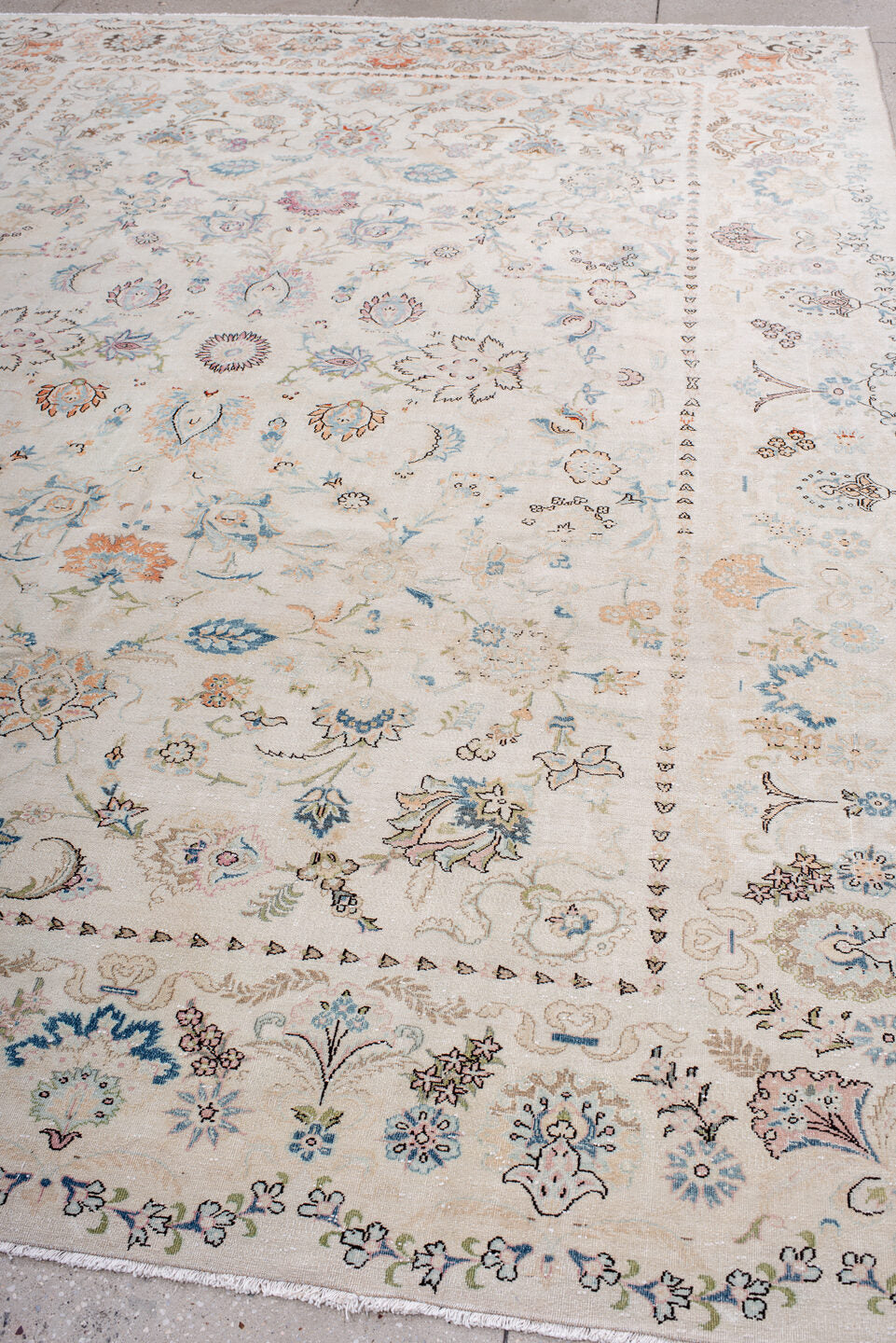 8' x 11' one-of-a-kind handmade vintage large size rug. Color palette: ivory, sky blue, taupe, blush, rust, sage, brown