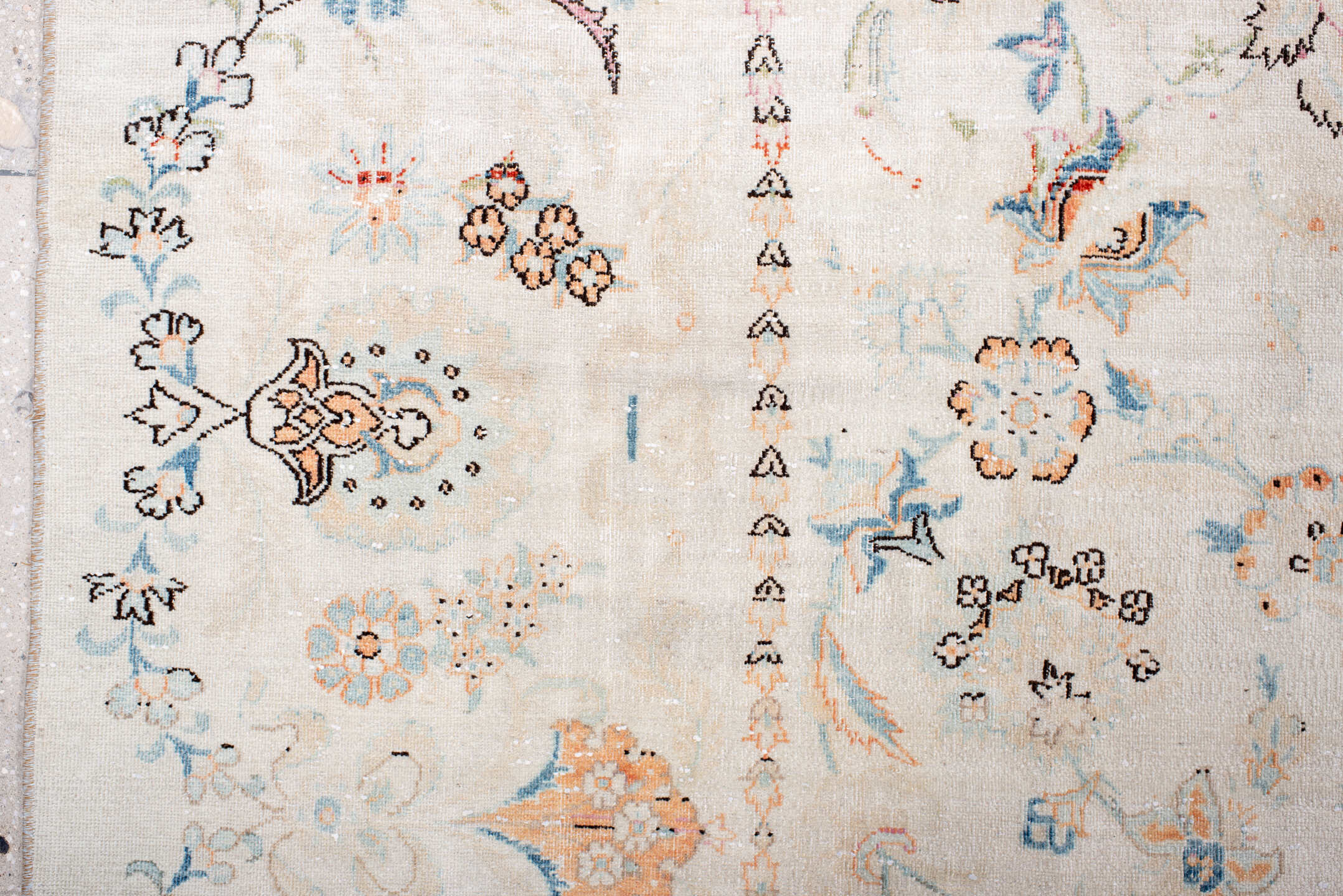 8' x 11' one-of-a-kind handmade vintage large size rug. Color palette: ivory, sky blue, taupe, blush, rust, sage, brown