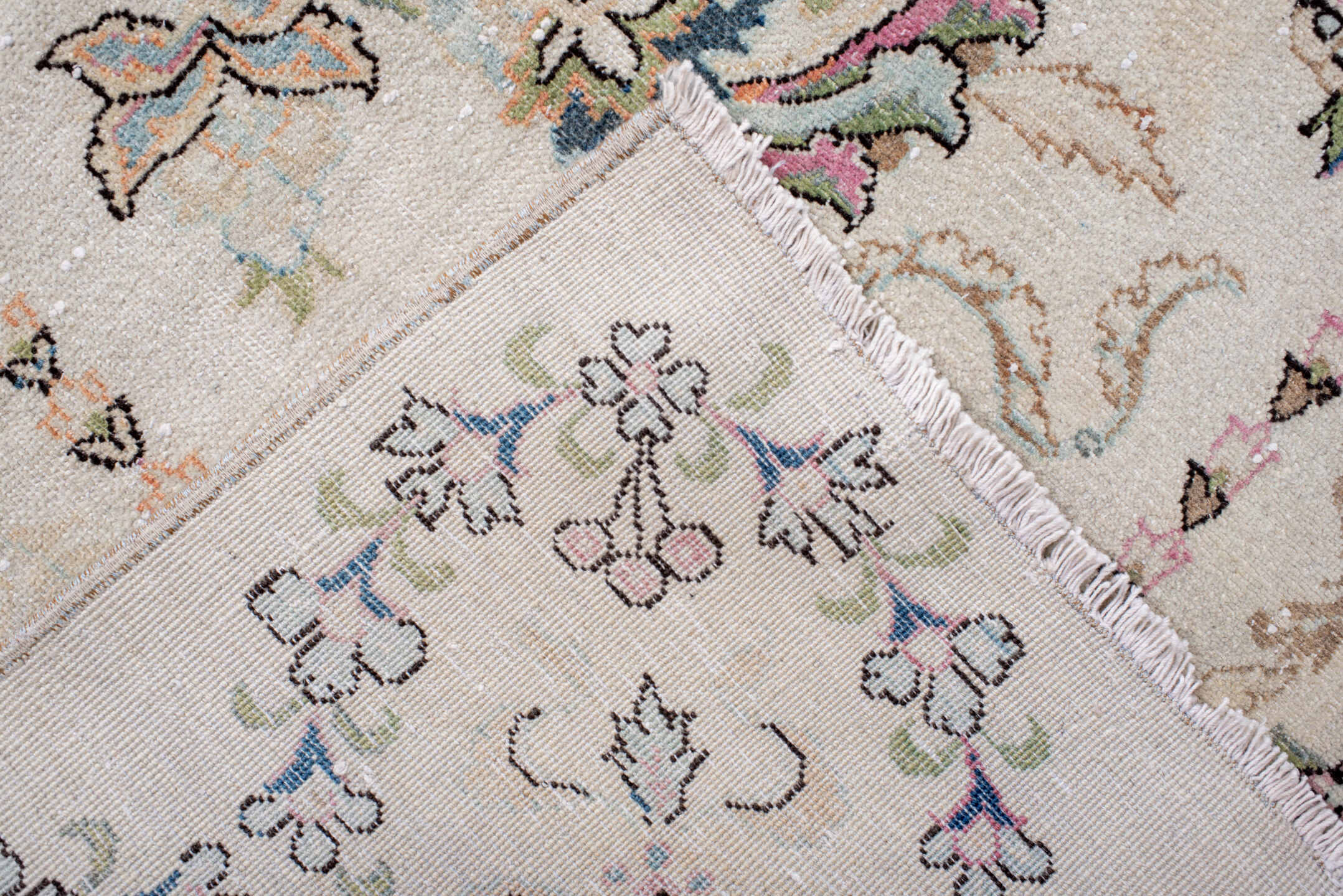 8' x 11' one-of-a-kind handmade vintage large size rug. Color palette: ivory, sky blue, taupe, blush, rust, sage, brown
