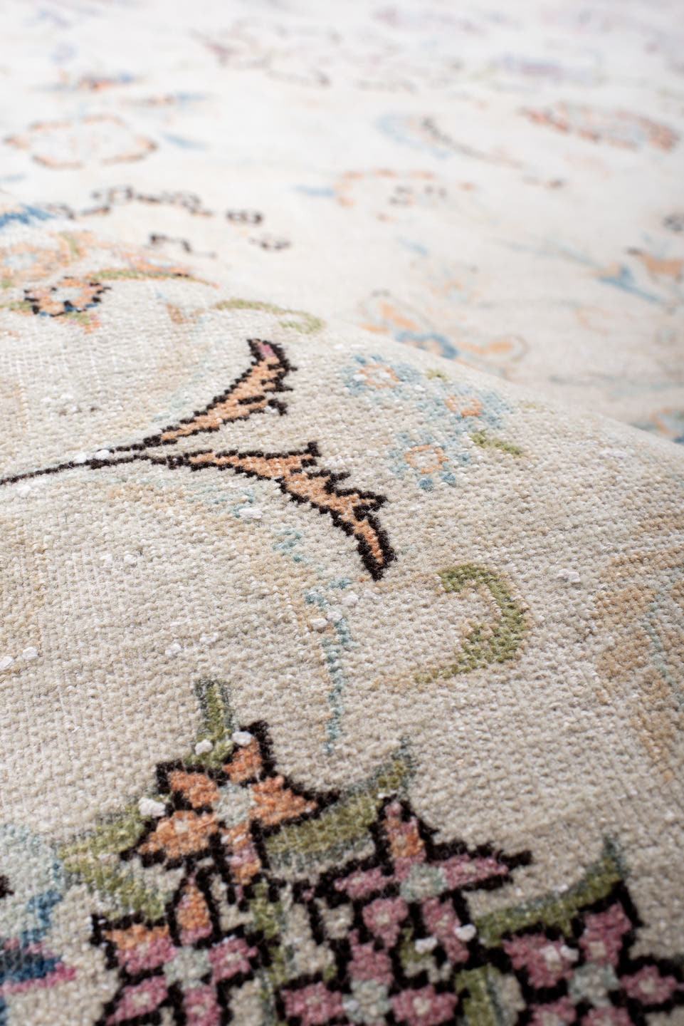 8' x 11' one-of-a-kind handmade vintage large size rug. Color palette: ivory, sky blue, taupe, blush, rust, sage, brown