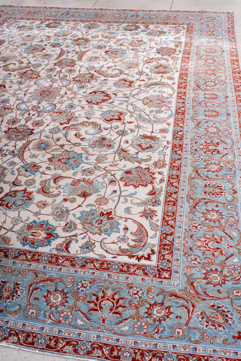 9' x 12' one-of-a-kind handmade vintage large size rug. Color palette: blue, brown, gainsboro, gray, light gray, off-white