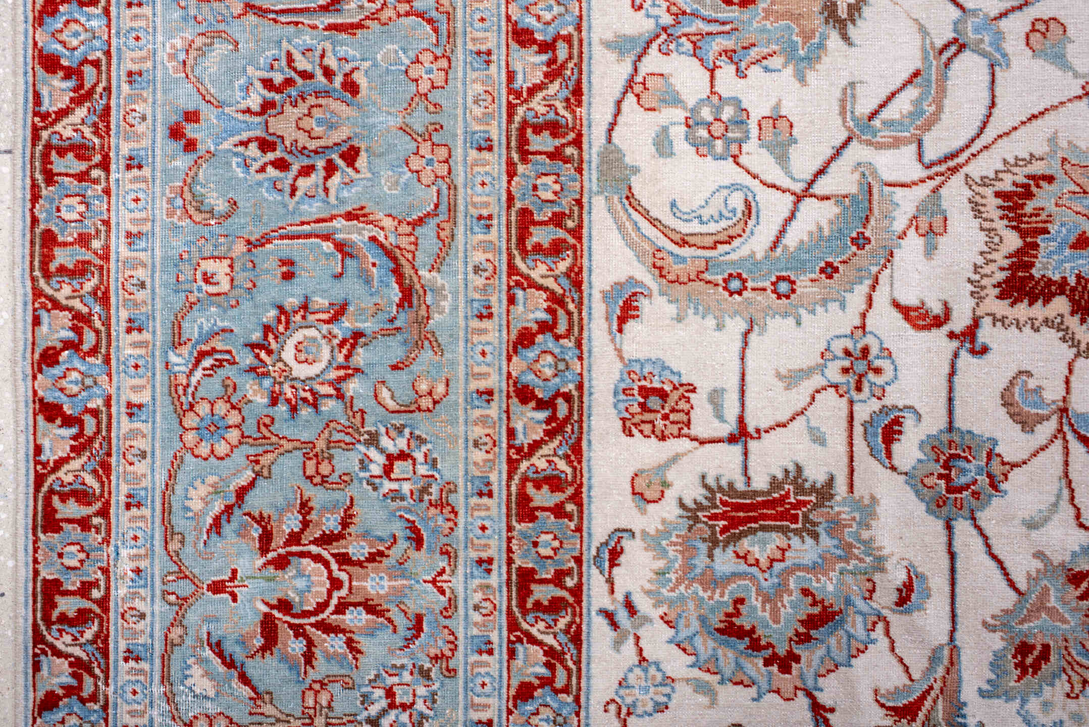 9' x 12' one-of-a-kind handmade vintage large size rug. Color palette: blue, brown, gainsboro, gray, light gray, off-white