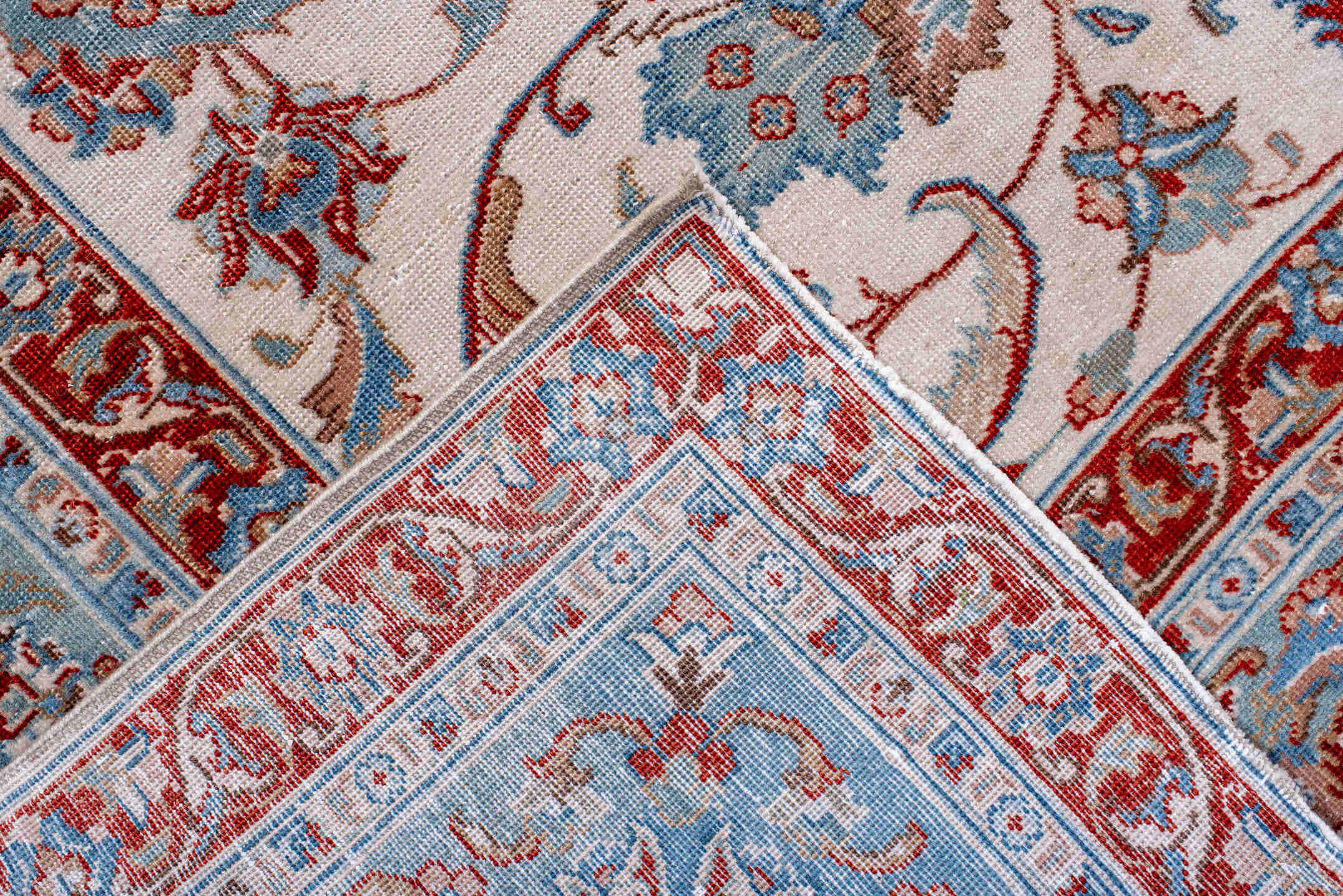 9' x 12' one-of-a-kind handmade vintage large size rug. Color palette: blue, brown, gainsboro, gray, light gray, off-white