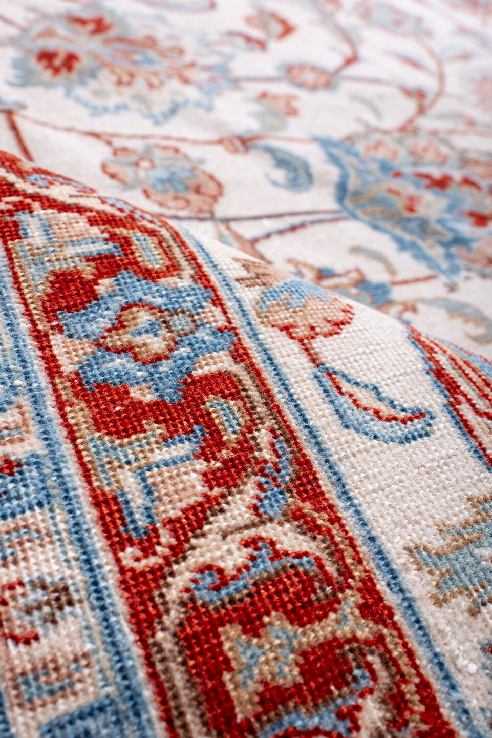 9' x 12' one-of-a-kind handmade vintage large size rug. Color palette: blue, brown, gainsboro, gray, light gray, off-white