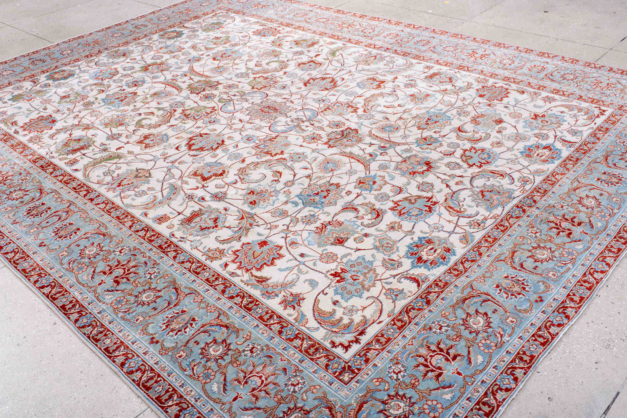 9' x 12' one-of-a-kind handmade vintage large size rug. Color palette: blue, brown, gainsboro, gray, light gray, off-white