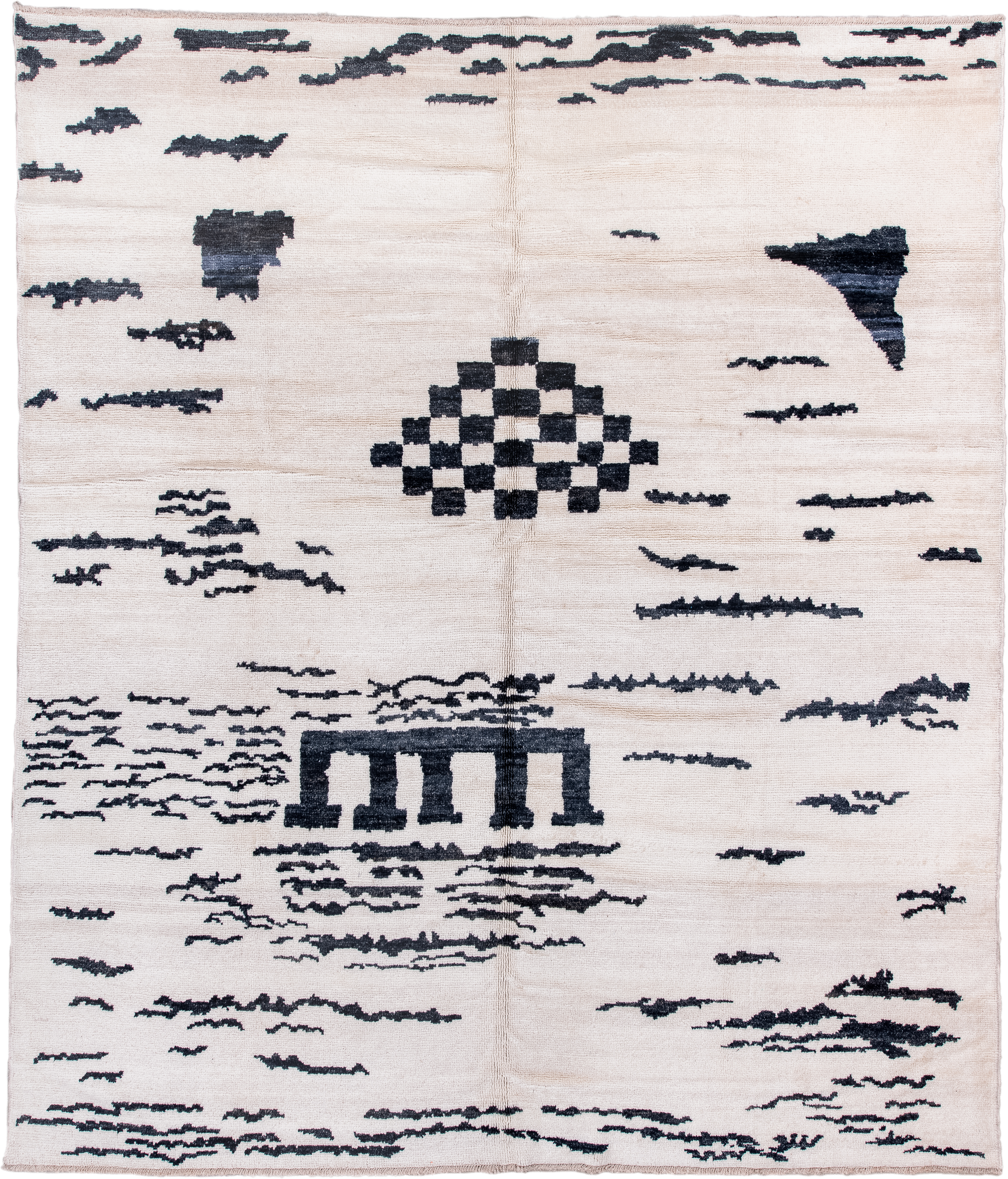 8' x 10' one-of-a-kind handmade vintage Moroccan large size rug. Color palette: ivory, charcoal, cream, gray, black