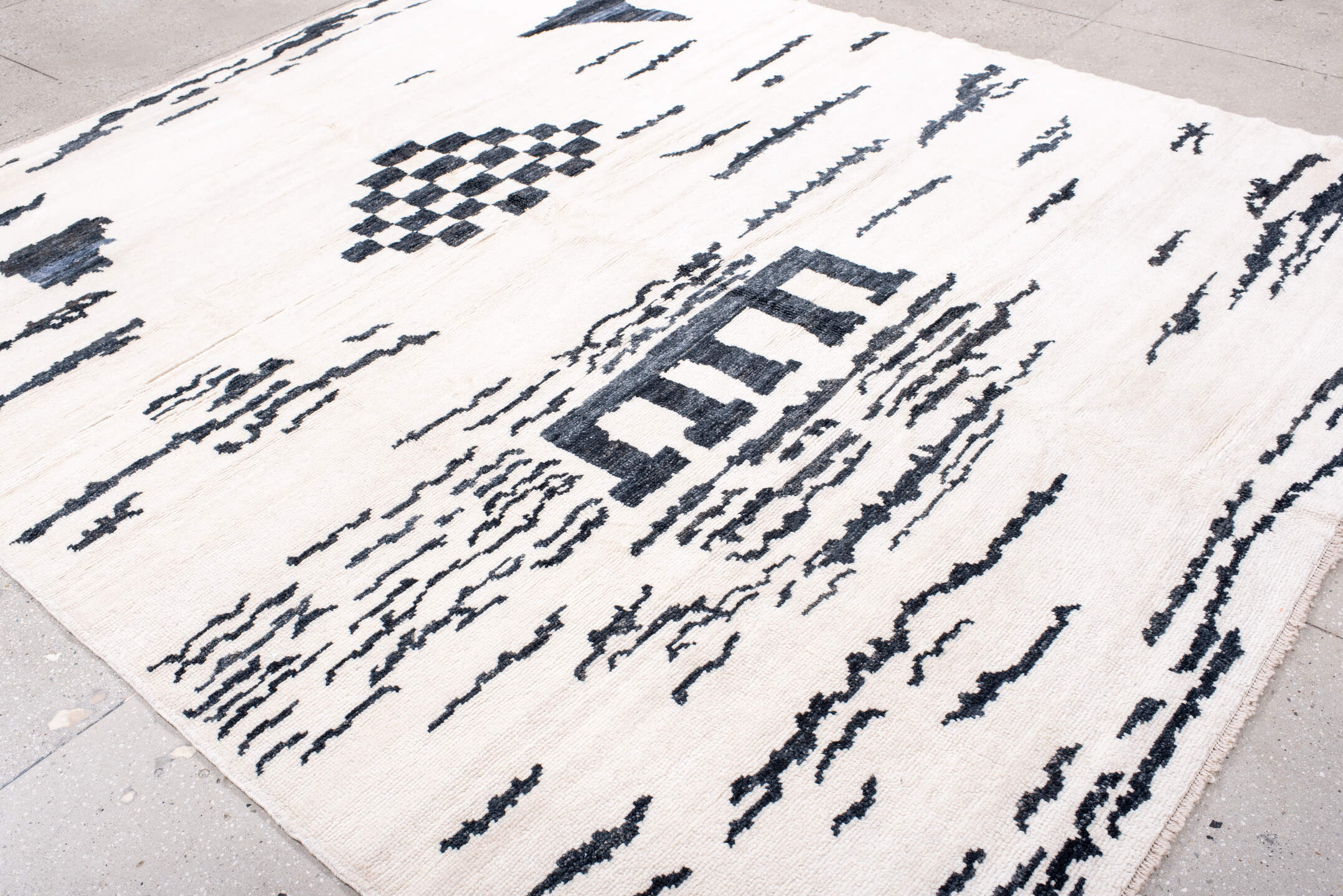 8' x 10' one-of-a-kind handmade vintage Moroccan large size rug. Color palette: black, blue, dark gray, dim gray, gainsboro