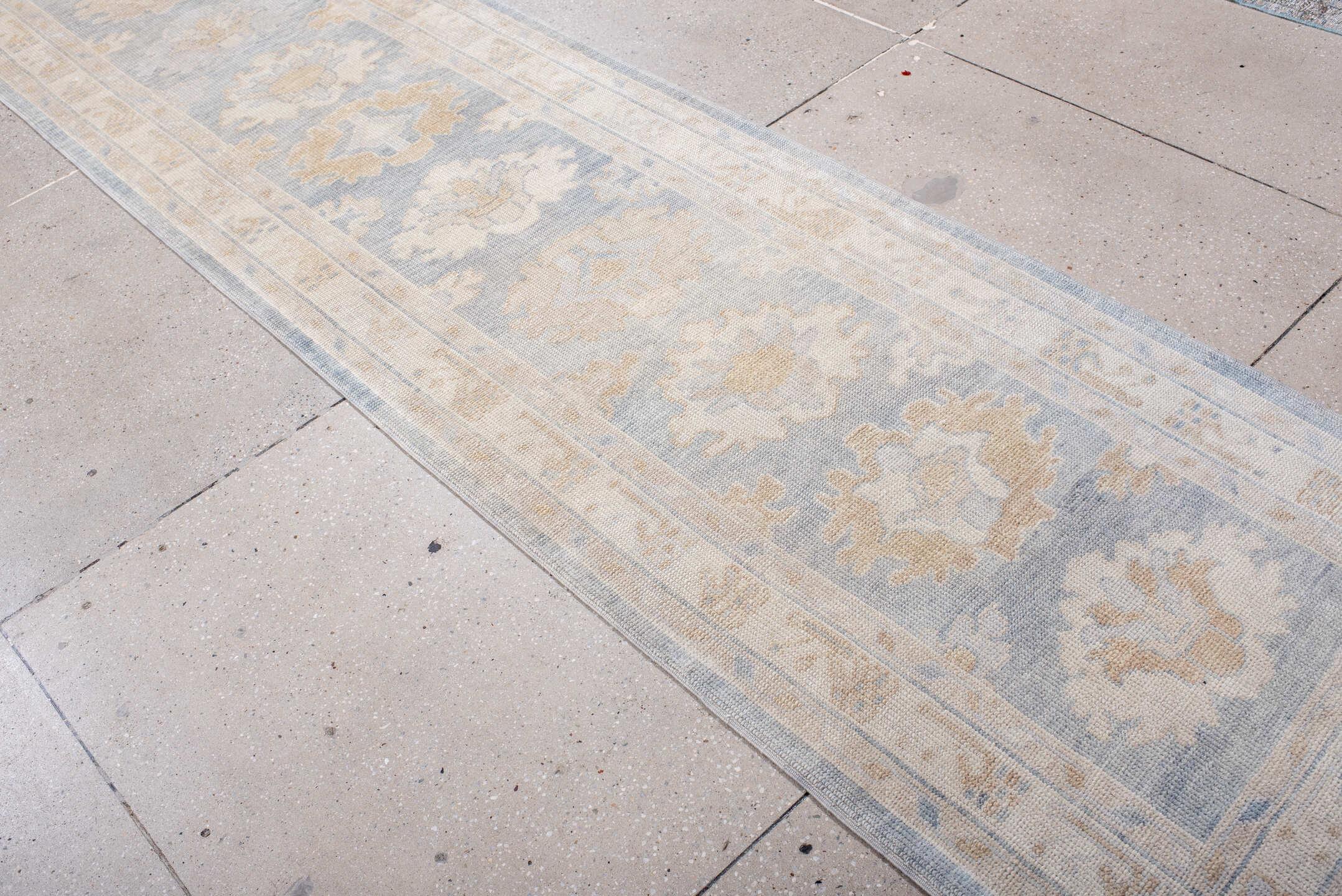 3' x 11' one-of-a-kind handmade vintage Oushak runner rug. Color palette: ivory, pale blue, cream, beige, taupe, light blue