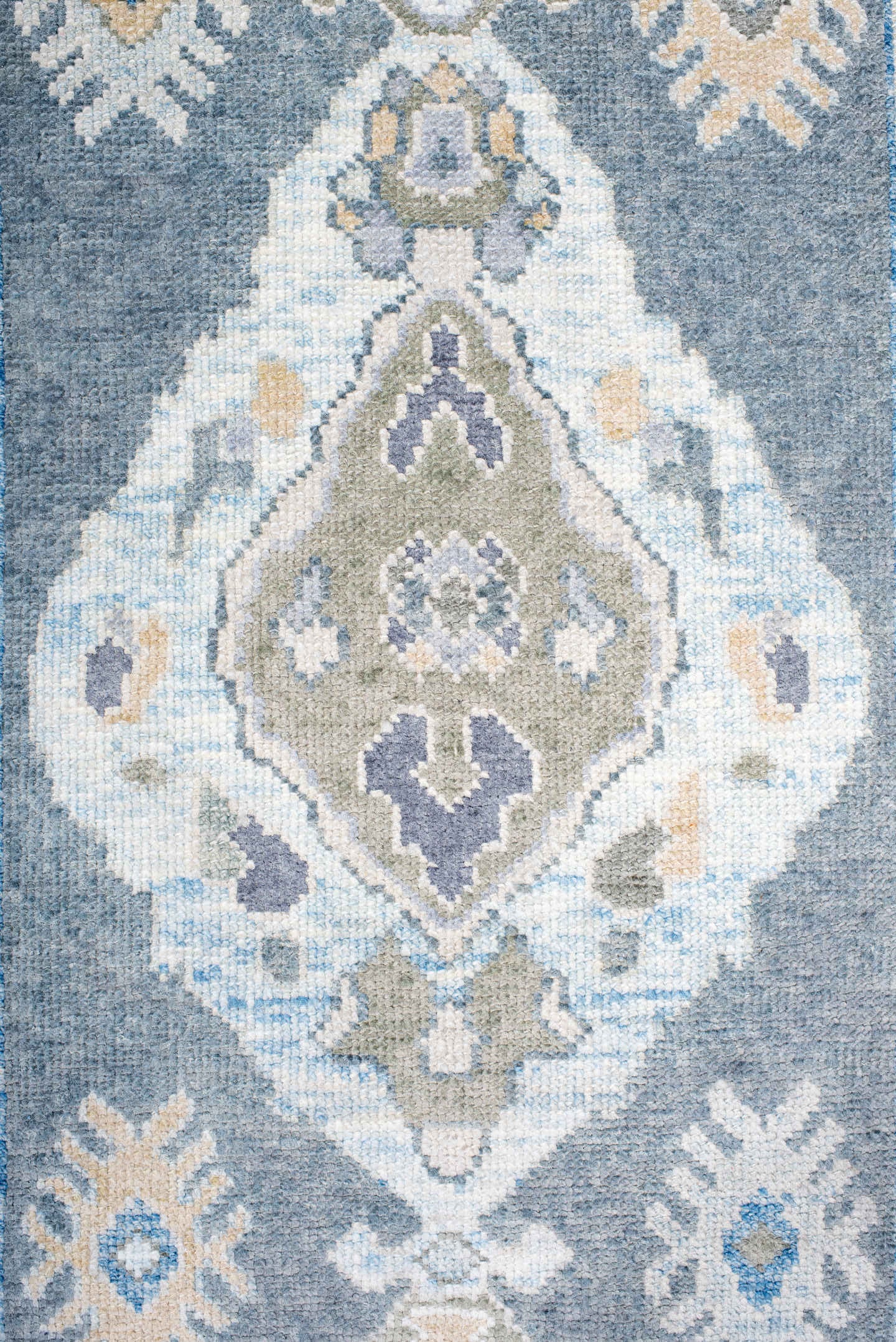 2' x 9' one-of-a-kind handmade vintage Oushak runner rug. Color palette: blue, ivory, sage, taupe, pale_gold, slate, green