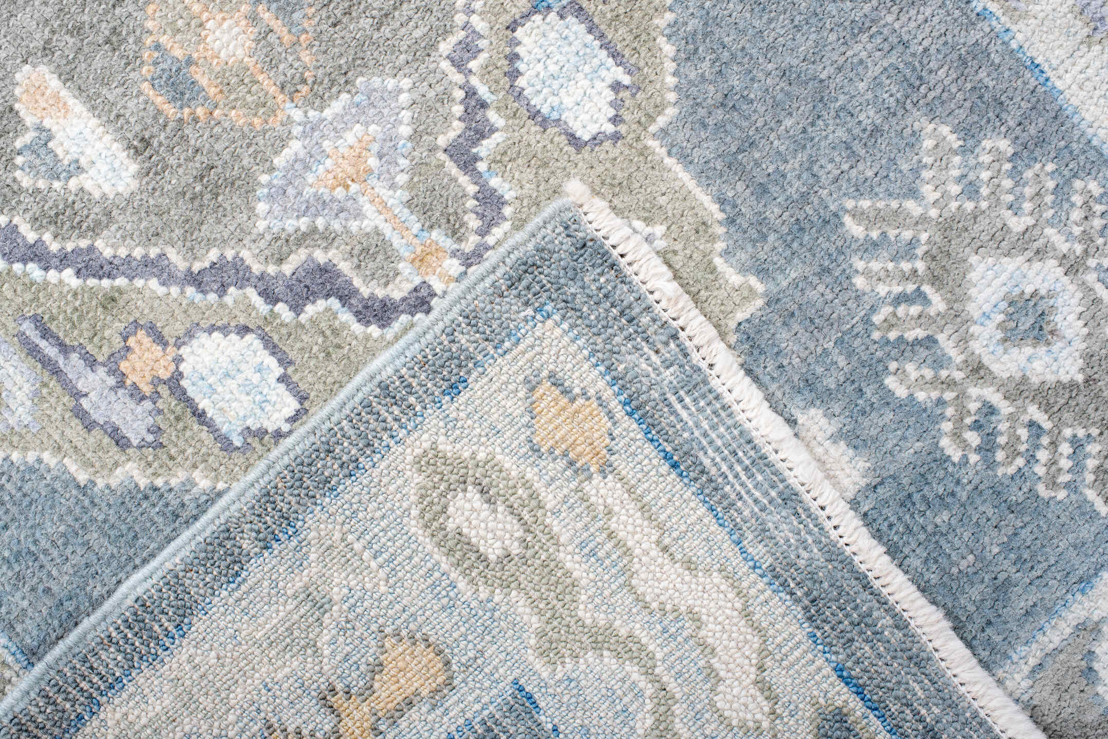 2' x 9' one-of-a-kind handmade vintage Oushak runner rug. Color palette: blue, ivory, sage, taupe, pale_gold, slate, green