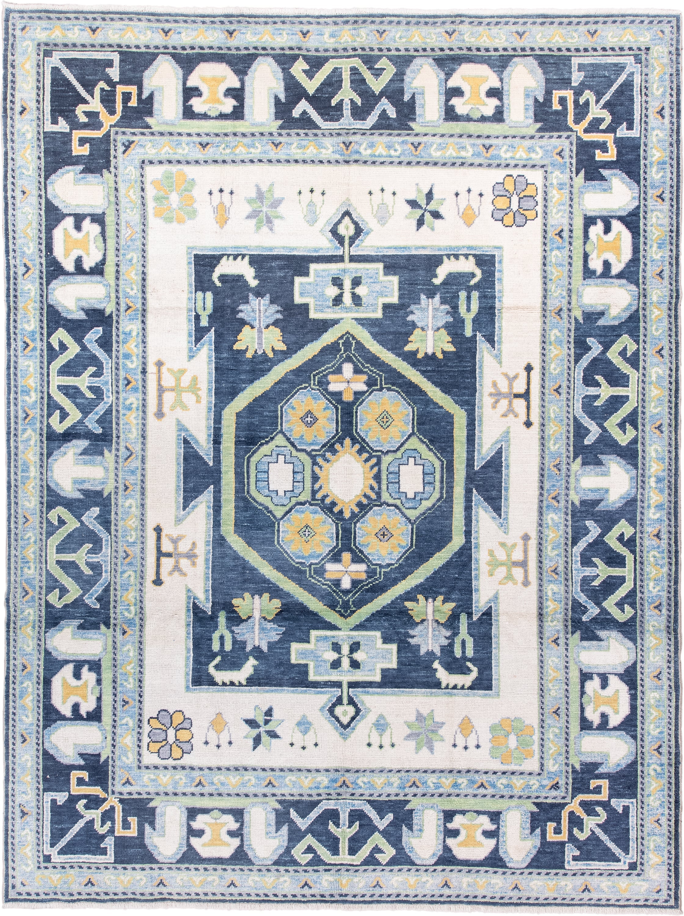 8' x 10' one-of-a-kind handmade vintage Oushak large size rug. Color palette: ivory, navy, sky_blue, sage, gold, pale_blue
