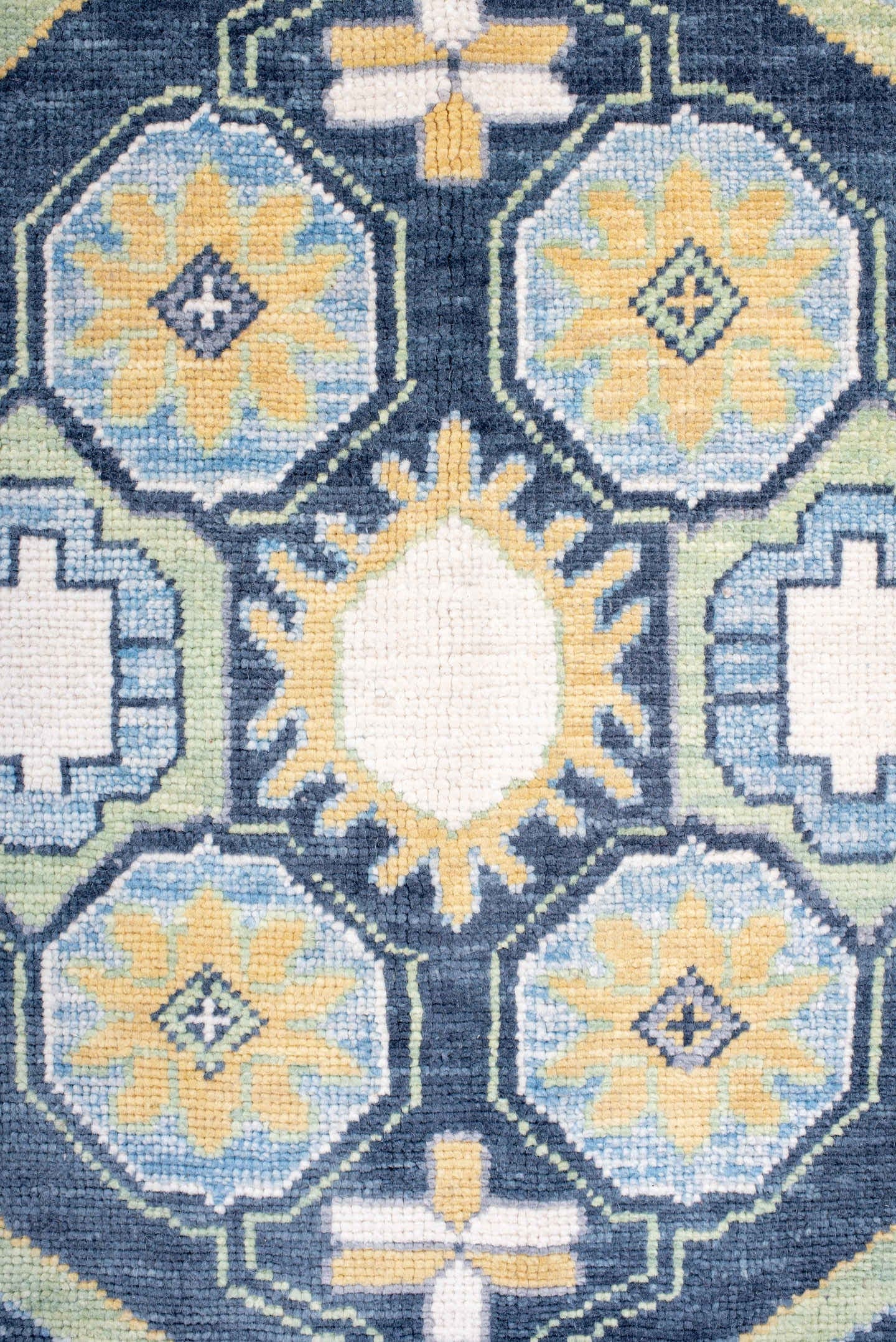 8' x 10' one-of-a-kind handmade vintage Oushak large size rug. Color palette: ivory, navy, sky_blue, sage, gold, pale_blue
