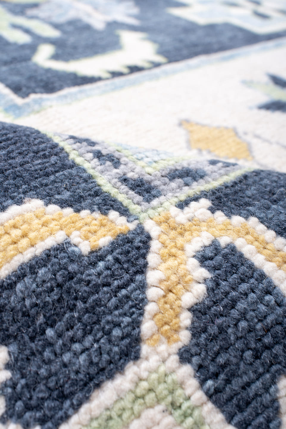 8' x 10' one-of-a-kind handmade vintage Oushak large size rug. Color palette: ivory, navy, sky_blue, sage, gold, pale_blue