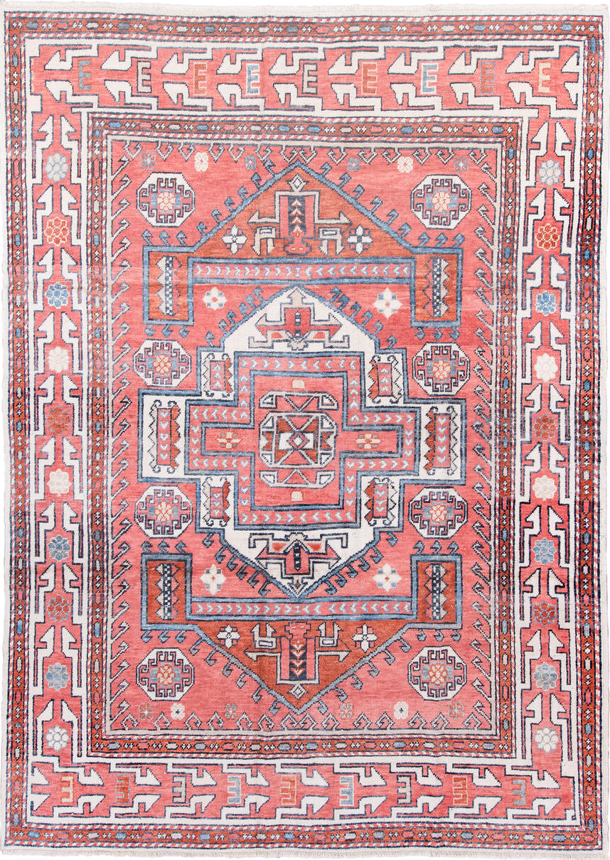 8' x 11' one-of-a-kind handmade vintage Oushak large size rug. Color palette: coral, ivory, slate, rust, sky_blue