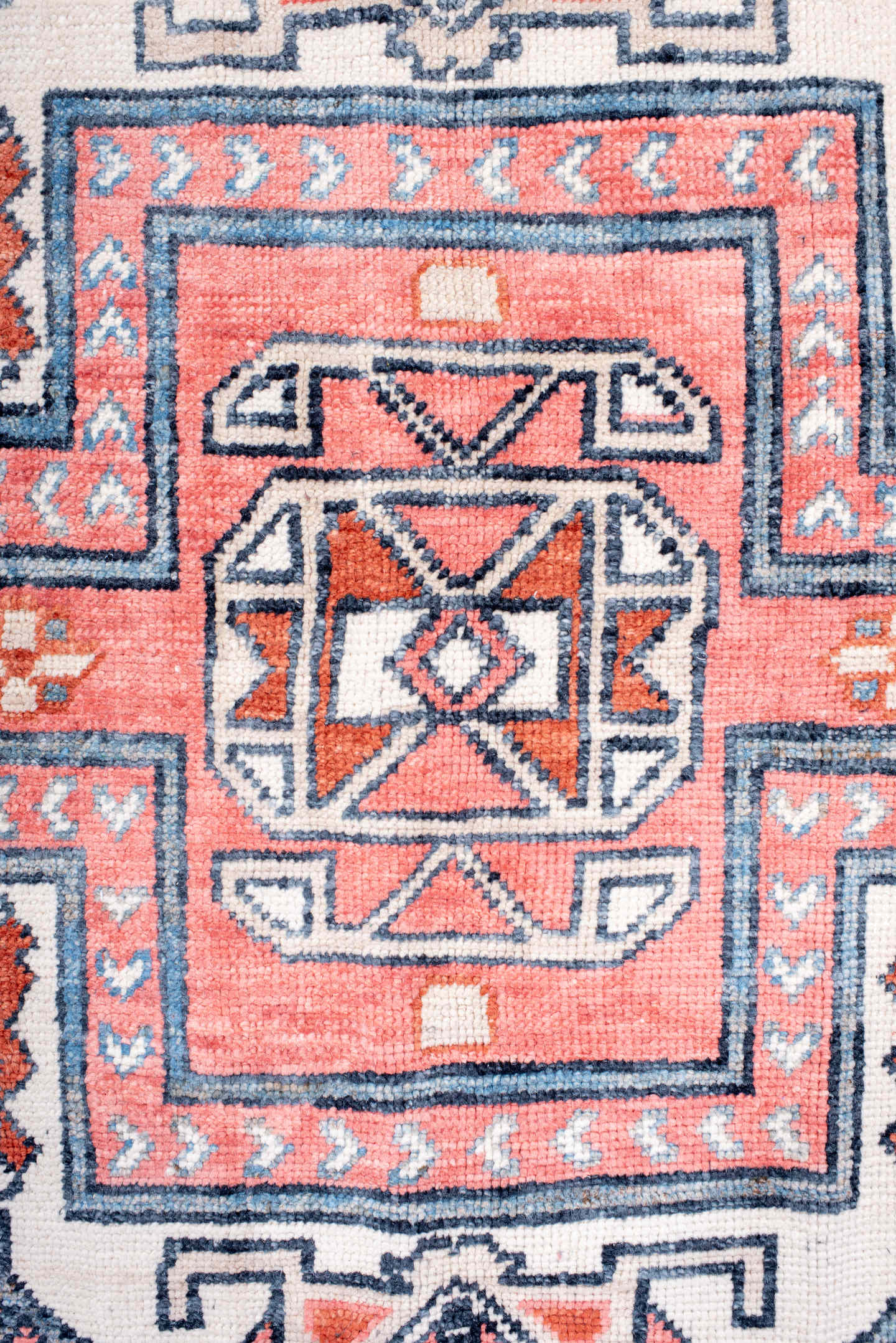 8' x 11' one-of-a-kind handmade vintage Oushak large size rug. Color palette: coral, ivory, slate, rust, sky_blue