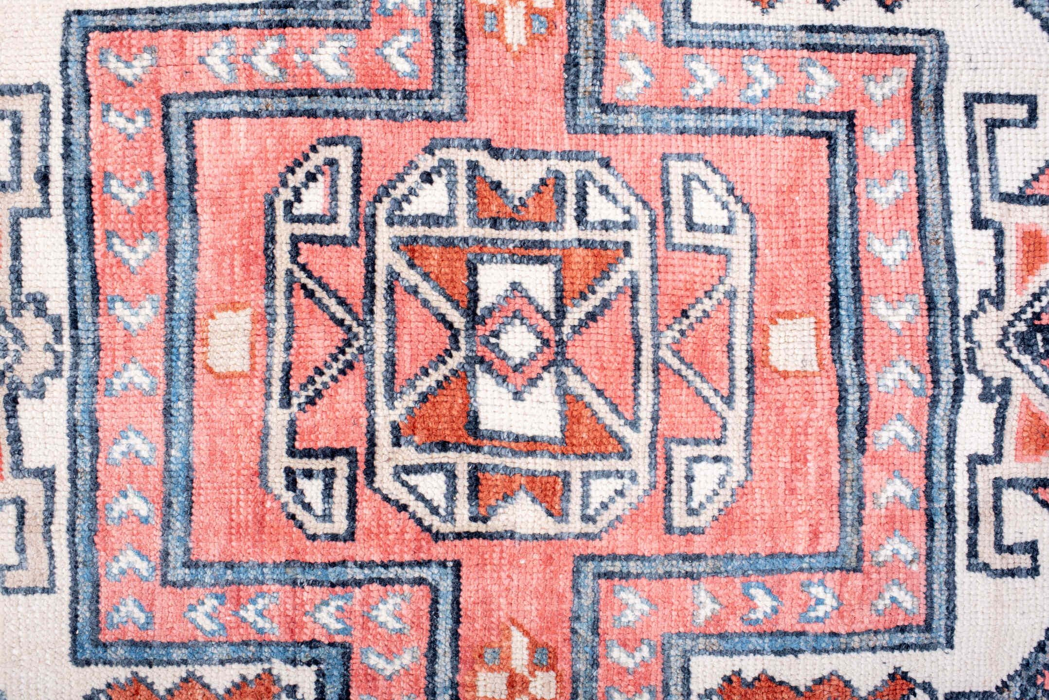 8' x 11' one-of-a-kind handmade vintage Oushak large size rug. Color palette: coral, ivory, slate, rust, sky_blue