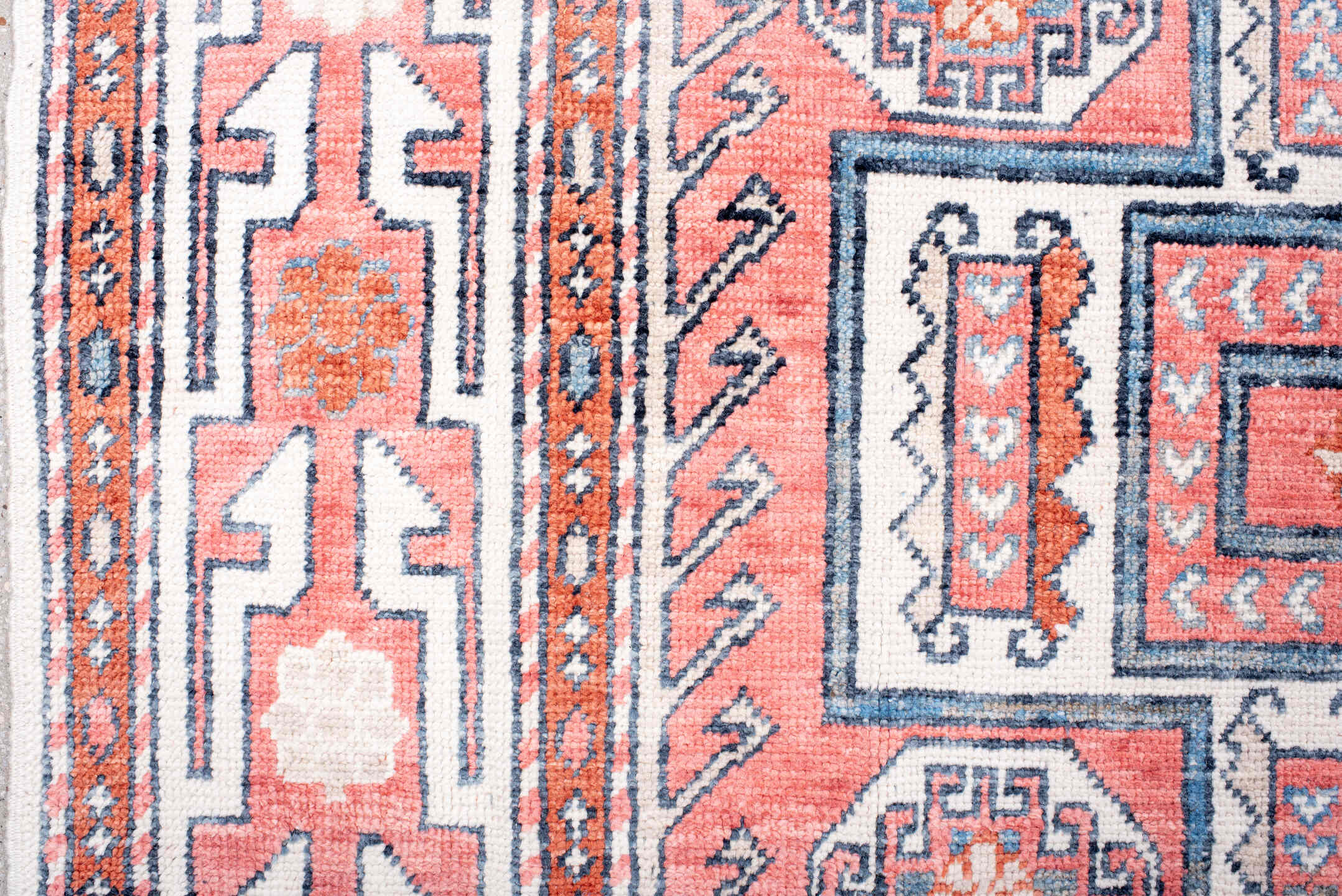 8' x 11' one-of-a-kind handmade vintage Oushak large size rug. Color palette: coral, ivory, slate, rust, sky_blue