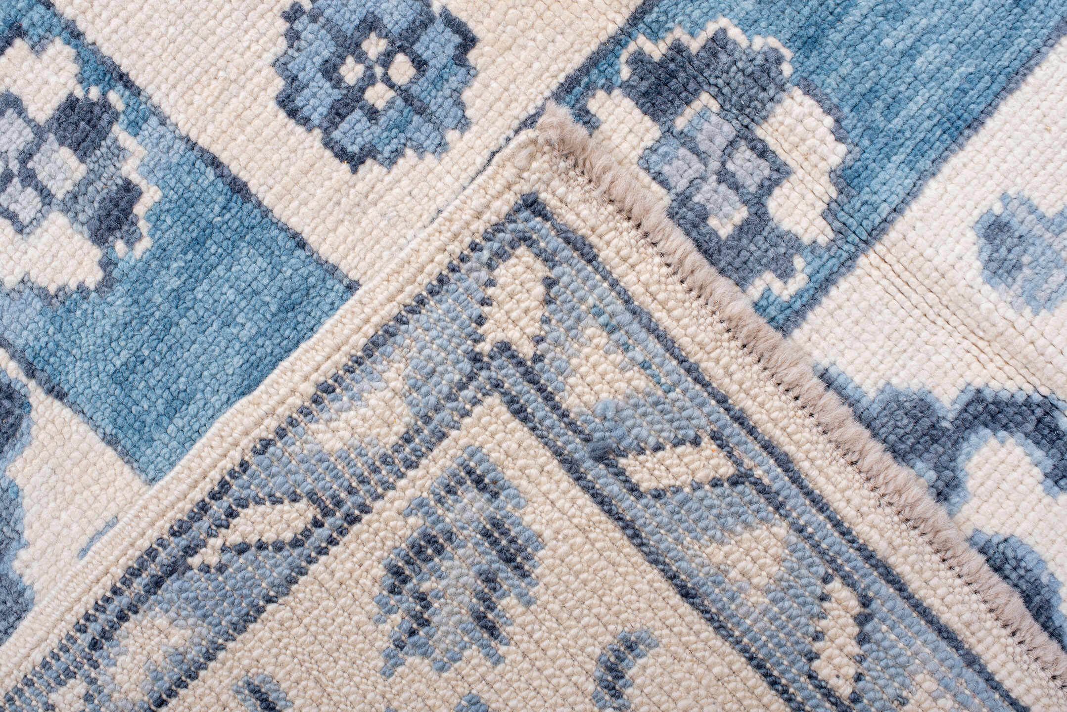 8' x 11' one-of-a-kind handmade vintage Oushak large size rug. Color palette: ivory, sky blue, slate blue, powder blue
