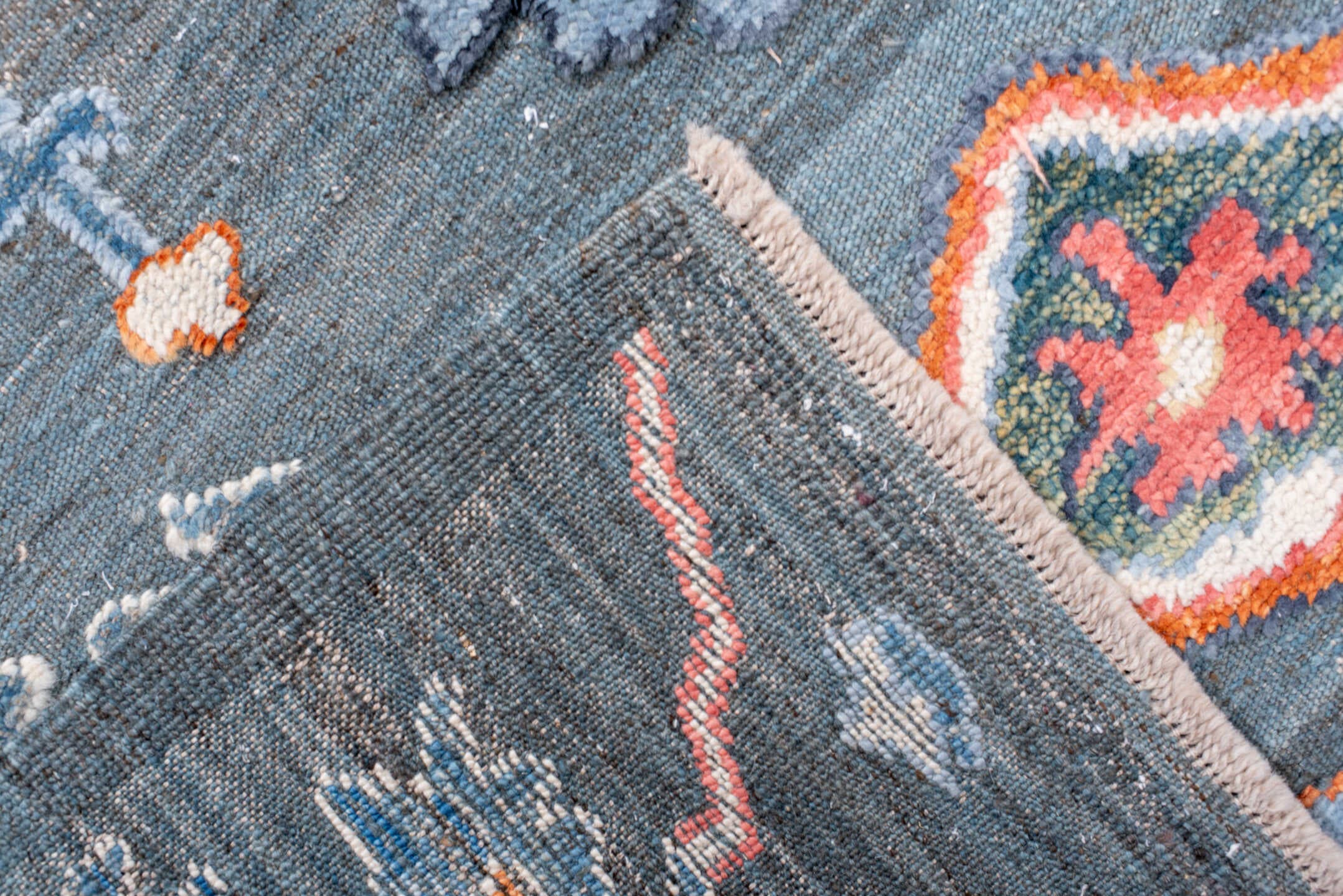 8' x 10' one-of-a-kind handmade vintage Oushak large size rug. Color palette: blue-gray, ivory, coral, slate, gold, navy