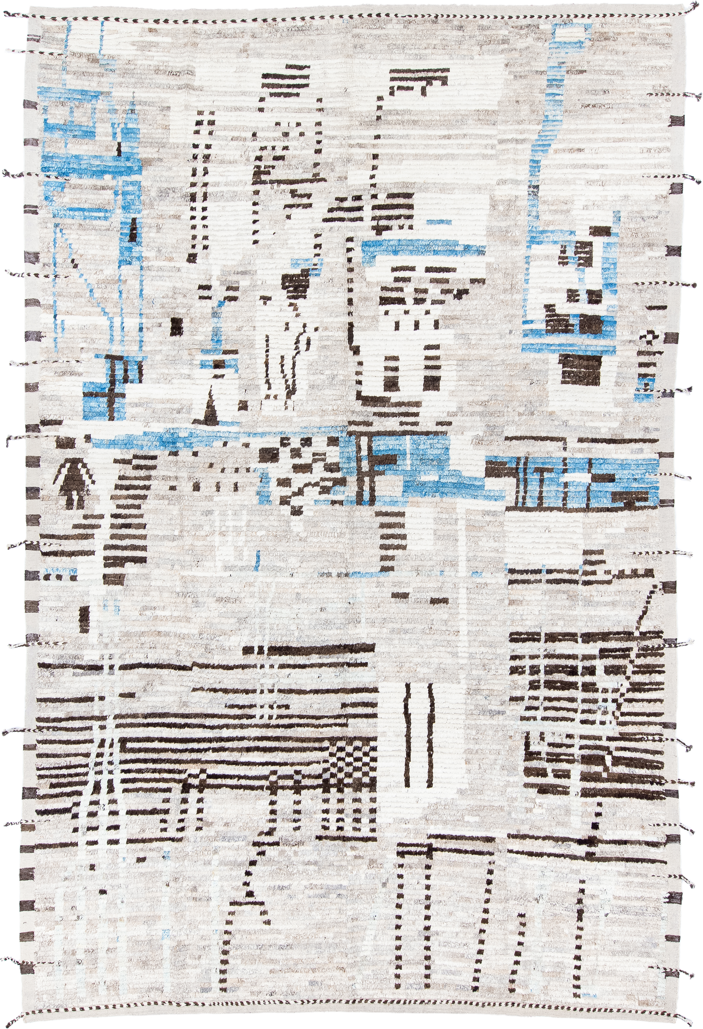 8' x 12' one-of-a-kind handmade vintage Tulu large size rug. Color palette: ivory, charcoal, sky blue, taupe, cream, gray
