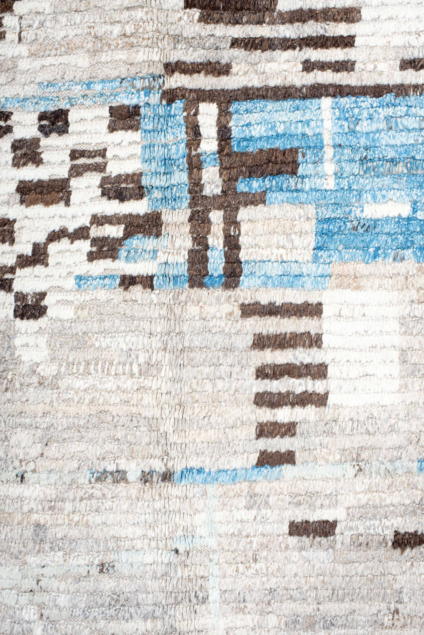 8' x 12' one-of-a-kind handmade vintage Tulu large size rug. Color palette: ivory, charcoal, sky blue, taupe, cream, gray