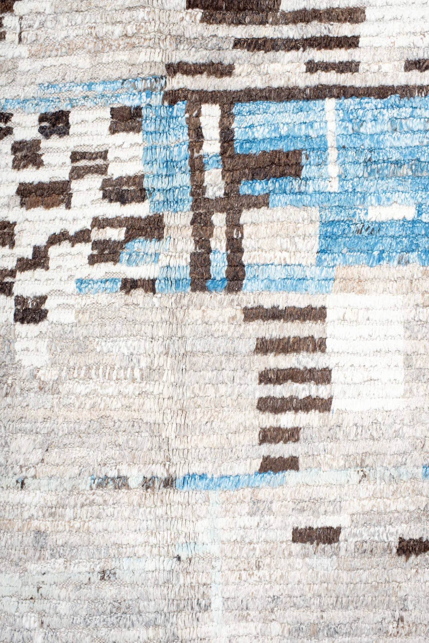 8' x 12' one-of-a-kind handmade vintage Tulu large size rug. Color palette: ivory, charcoal, sky blue, taupe, cream, gray
