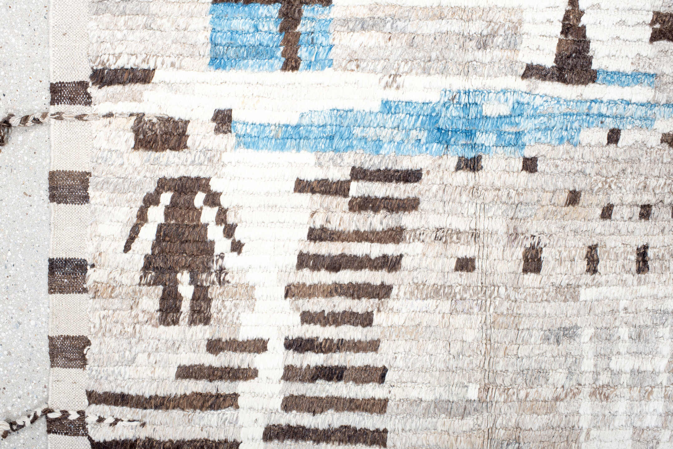 8' x 12' one-of-a-kind handmade vintage Tulu large size rug. Color palette: ivory, charcoal, sky blue, taupe, cream, gray