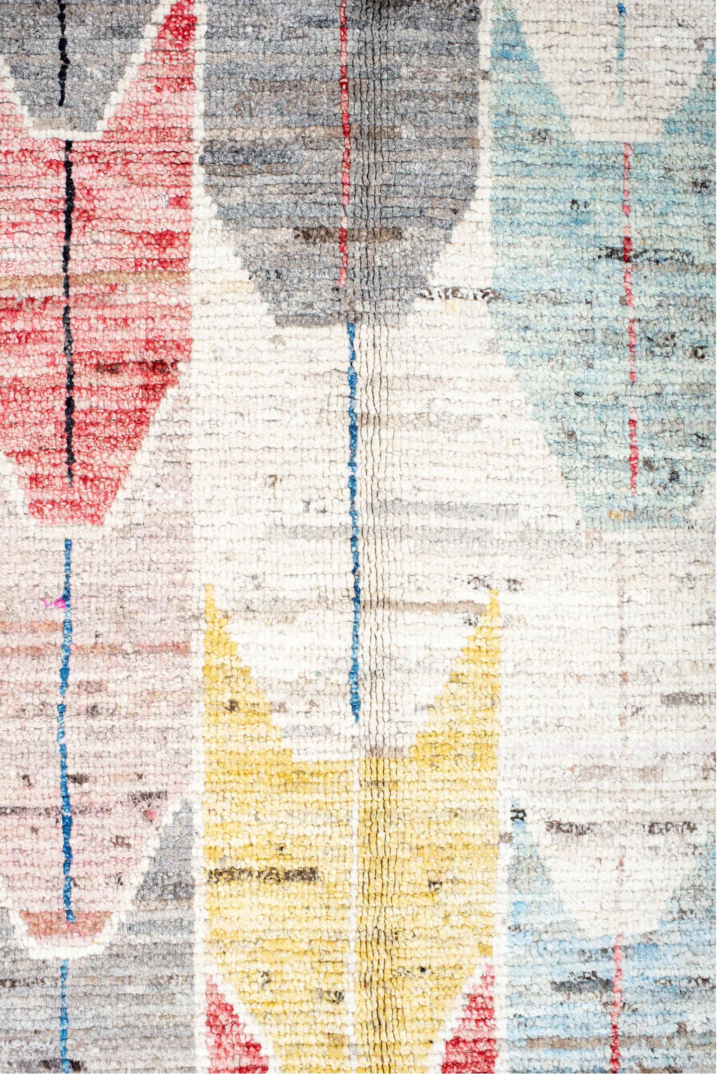 9' x 11' one-of-a-kind handmade vintage Tulu large size rug. Color palette: ivory, blue, charcoal, yellow, rose, taupe