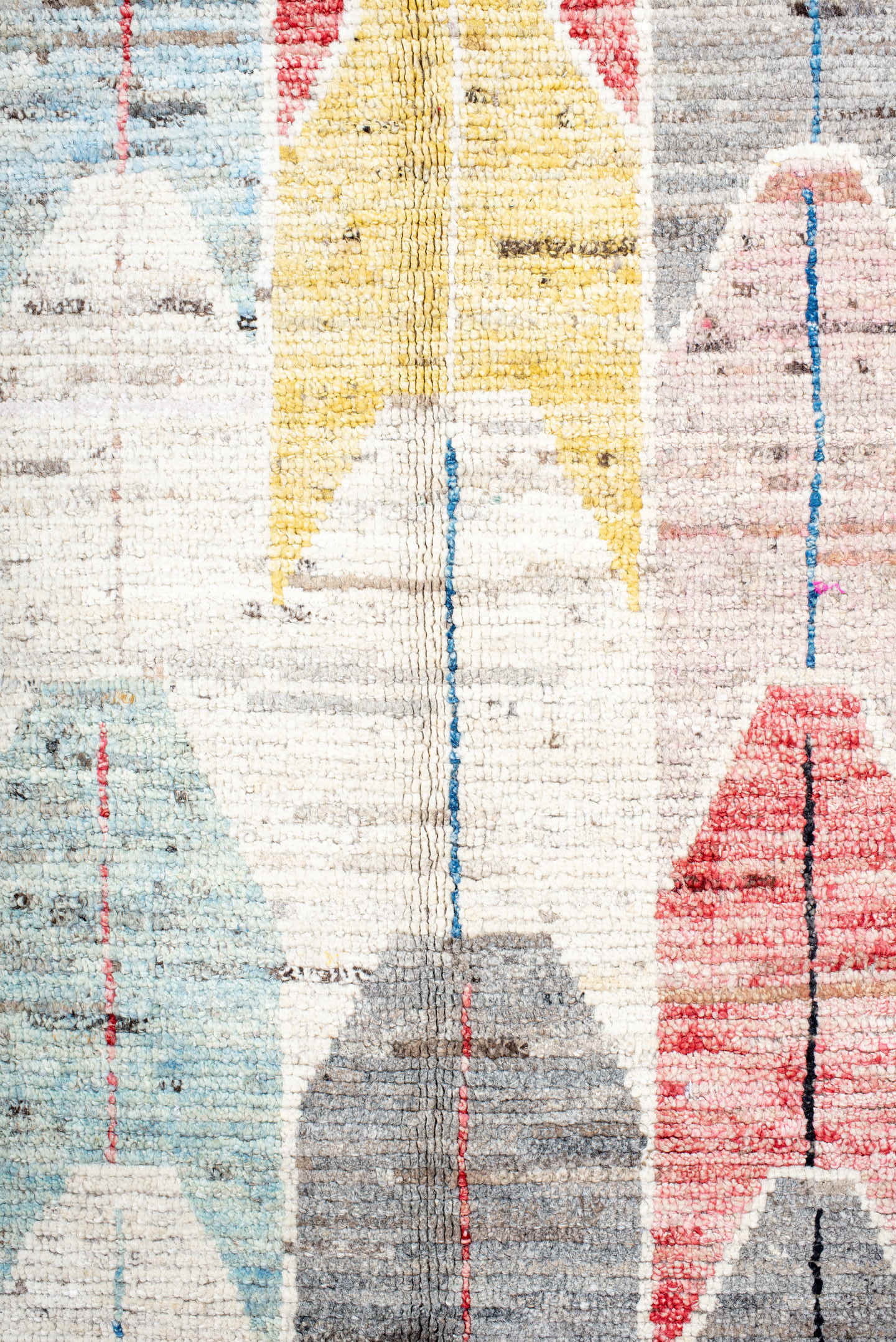 9' x 11' one-of-a-kind handmade vintage Tulu large size rug. Color palette: ivory, blue, charcoal, yellow, rose, taupe