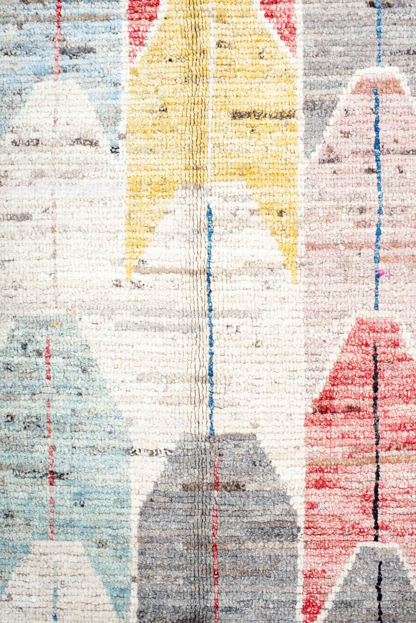 9' x 11' one-of-a-kind handmade vintage Tulu large size rug. Color palette: ivory, blue, charcoal, yellow, rose, taupe