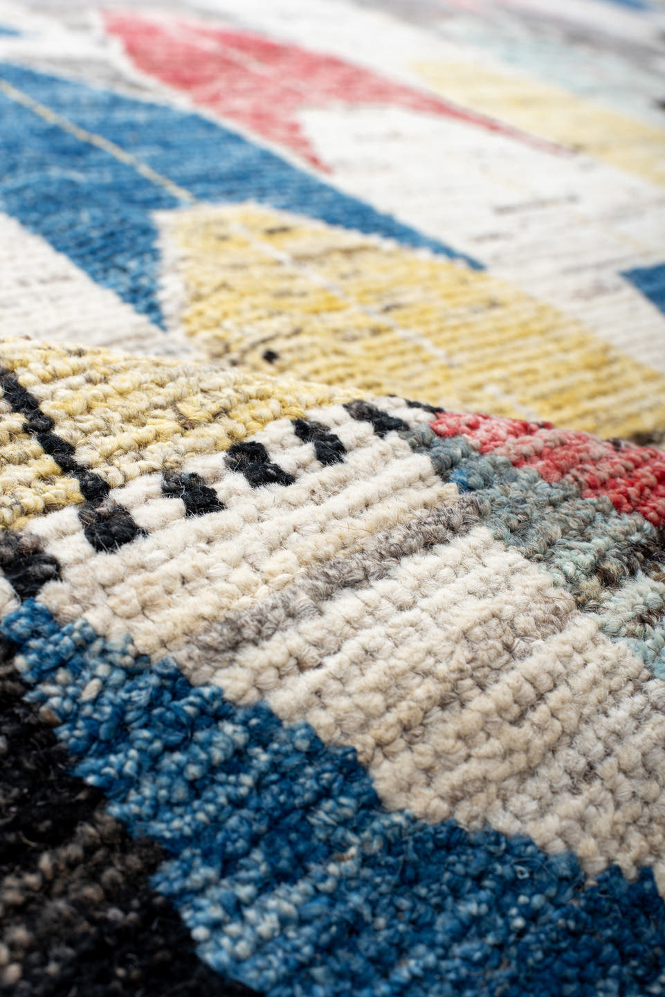 9' x 11' one-of-a-kind handmade vintage Tulu large size rug. Color palette: ivory, blue, charcoal, yellow, rose, taupe