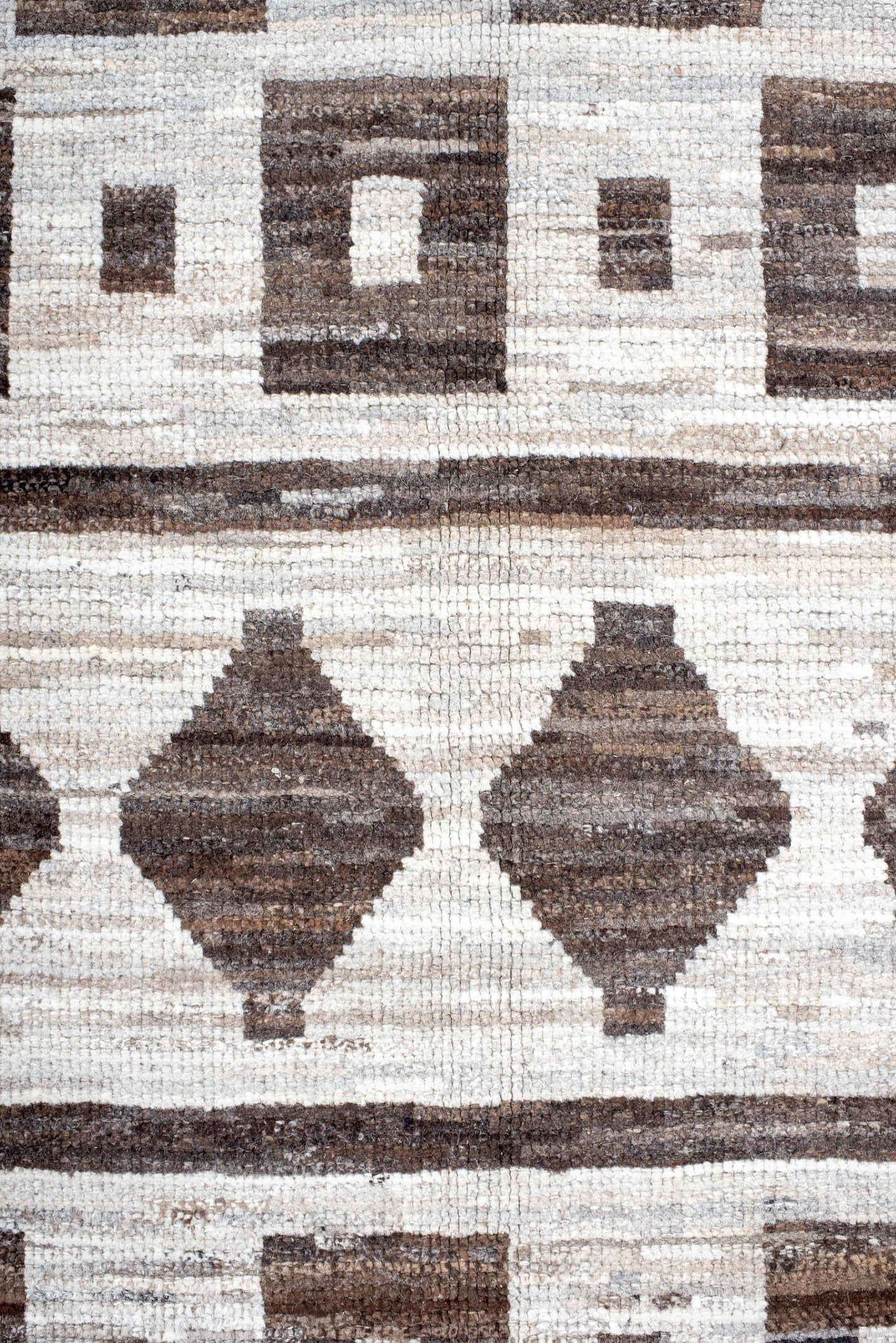 9' x 12' one-of-a-kind handmade vintage Tulu large size rug. Color palette: ivory, brown, taupe, beige, gray