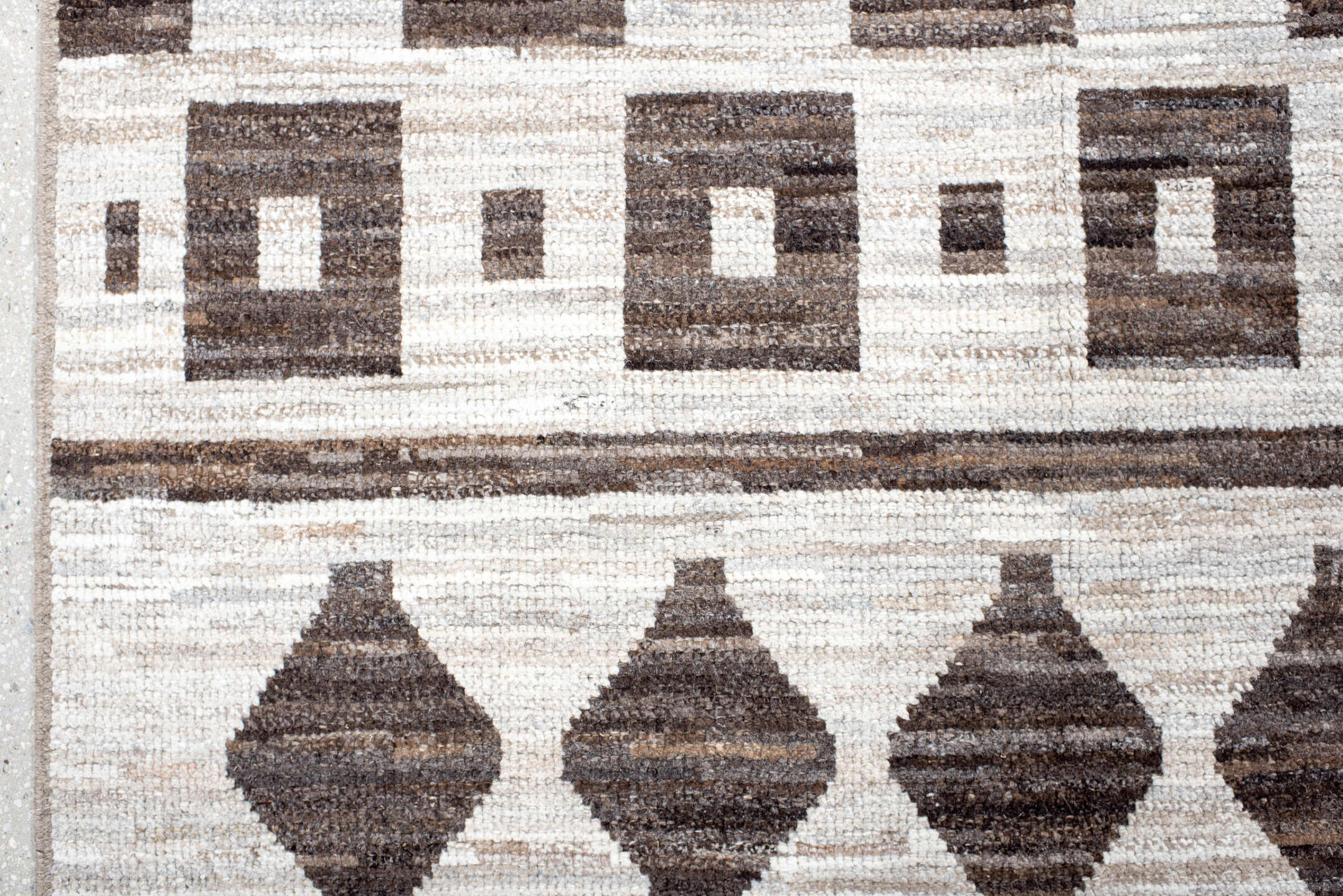 9' x 12' one-of-a-kind handmade vintage Tulu large size rug. Color palette: ivory, brown, taupe, beige, gray