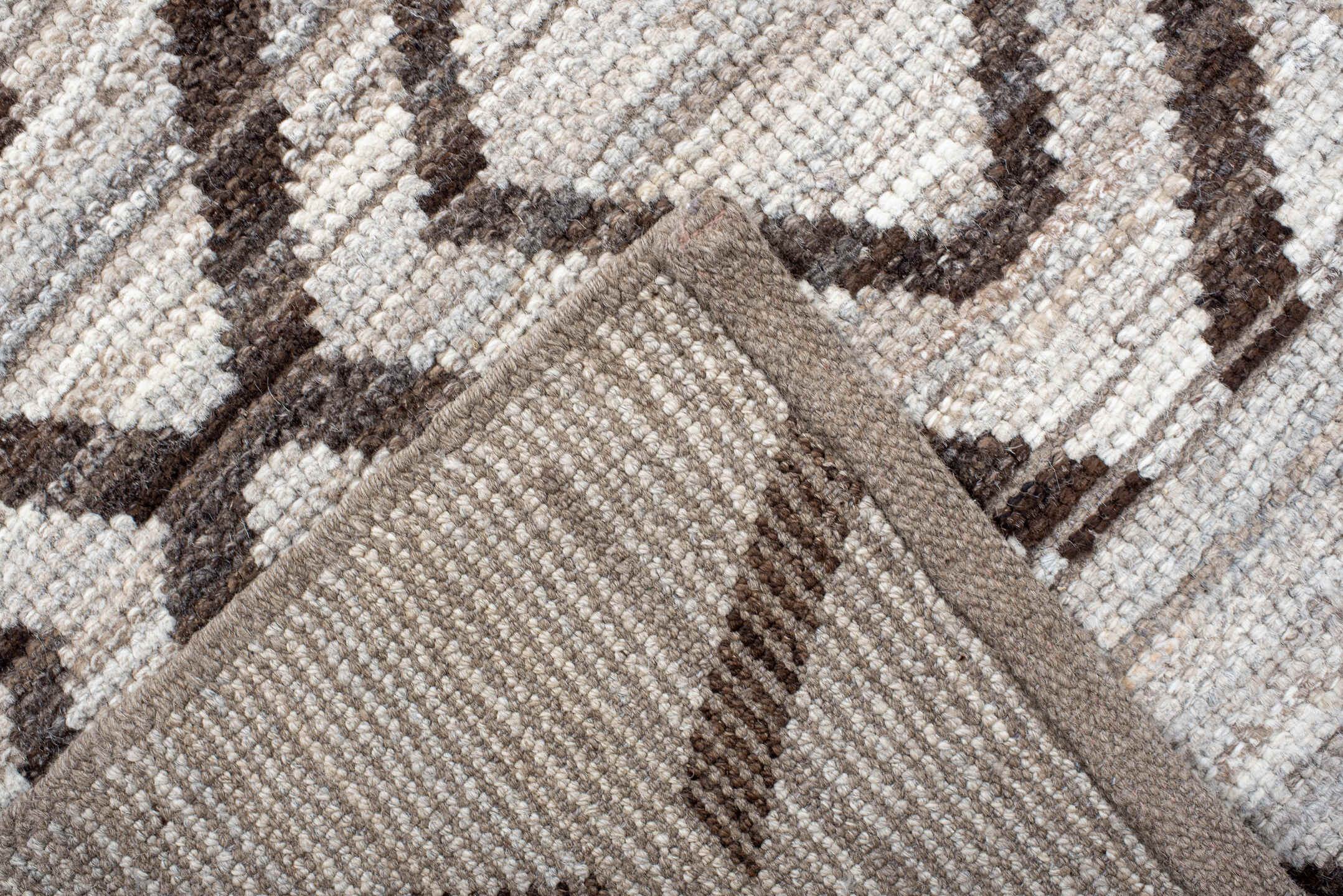 9' x 12' one-of-a-kind handmade vintage Tulu large size rug. Color palette: ivory, brown, taupe, beige, gray